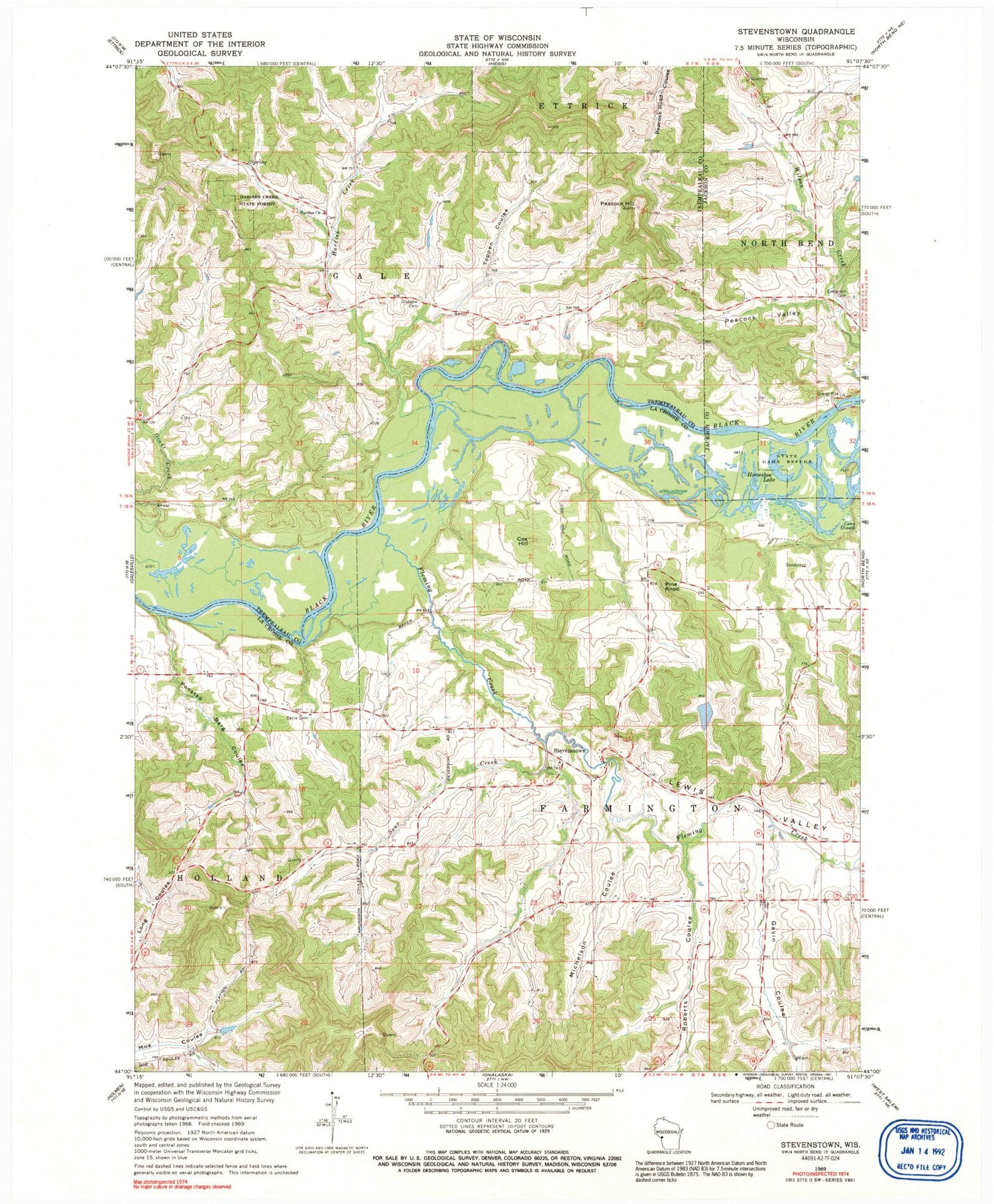 Classic USGS Stevenstown Wisconsin 7.5'x7.5' Topo Map Image