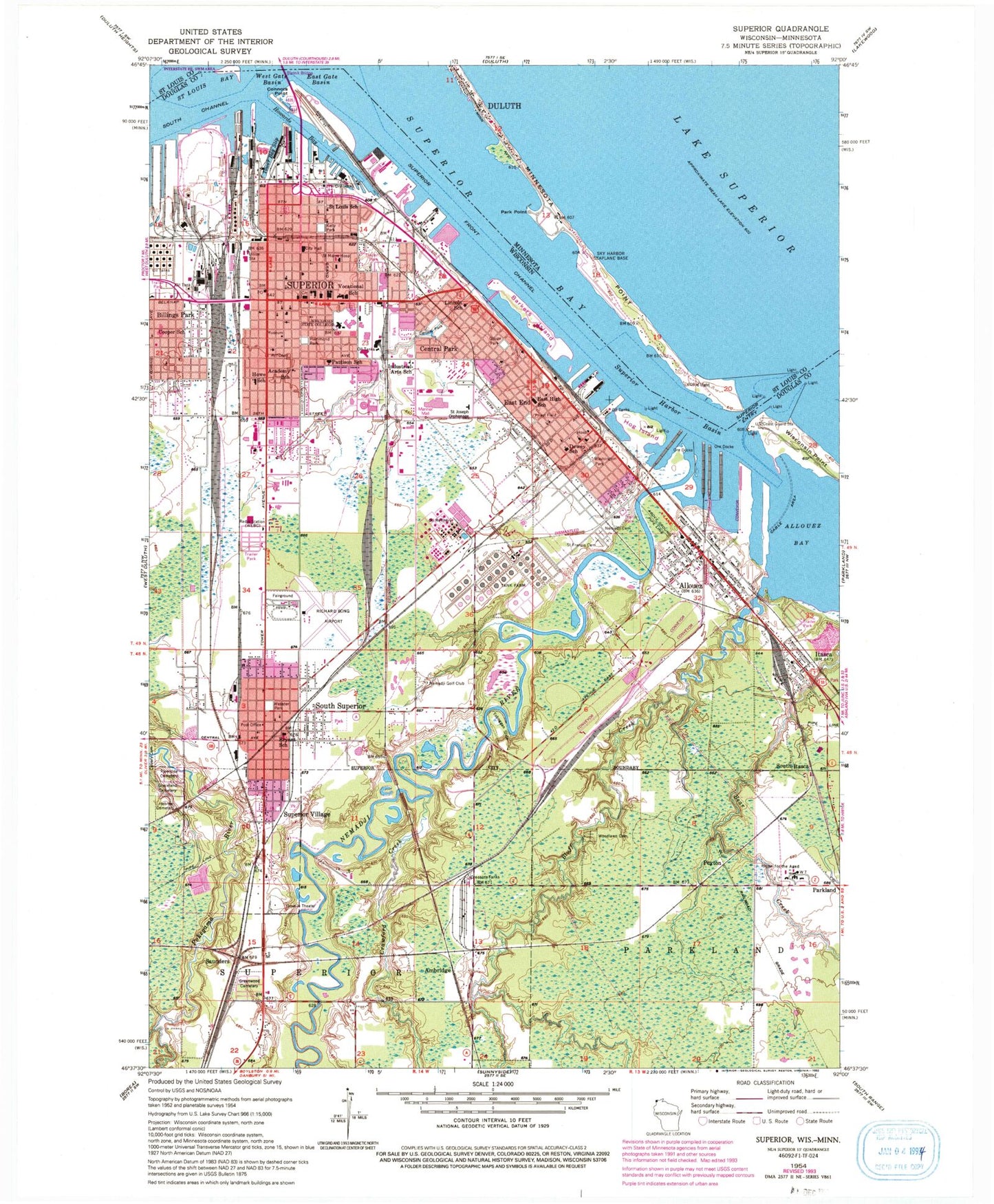 Classic USGS Superior Wisconsin 7.5'x7.5' Topo Map Image