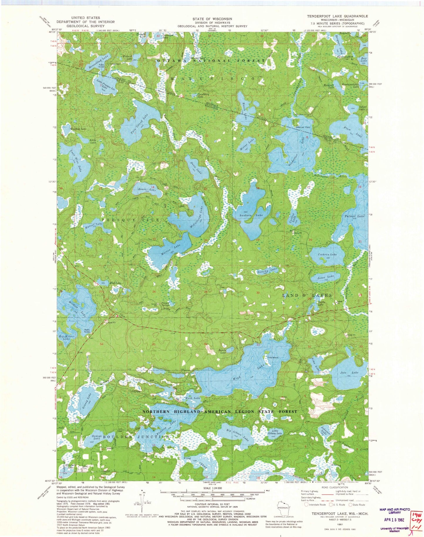 Classic USGS Tenderfoot Lake Wisconsin 7.5'x7.5' Topo Map Image