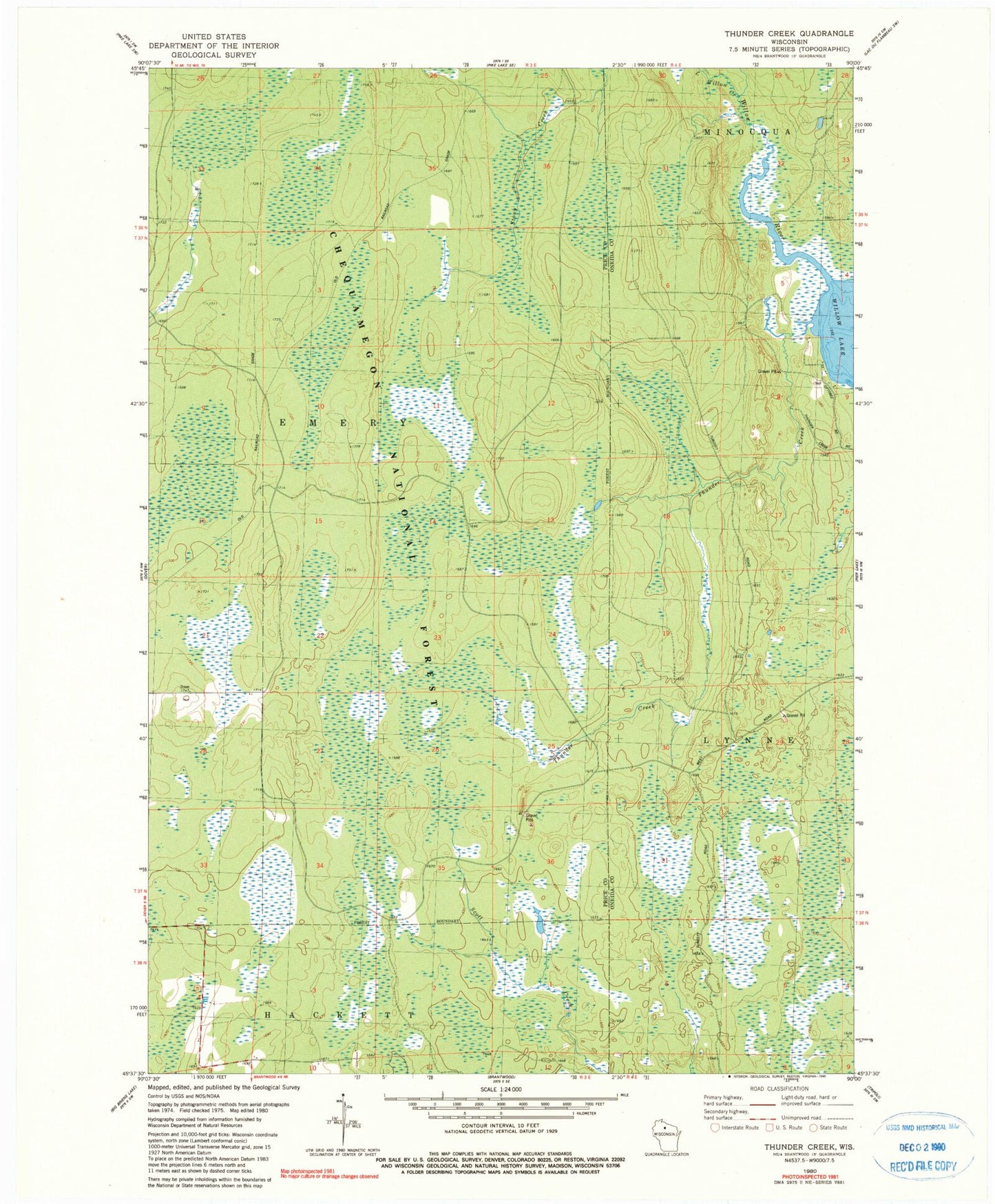 Classic USGS Thunder Creek Wisconsin 7.5'x7.5' Topo Map Image