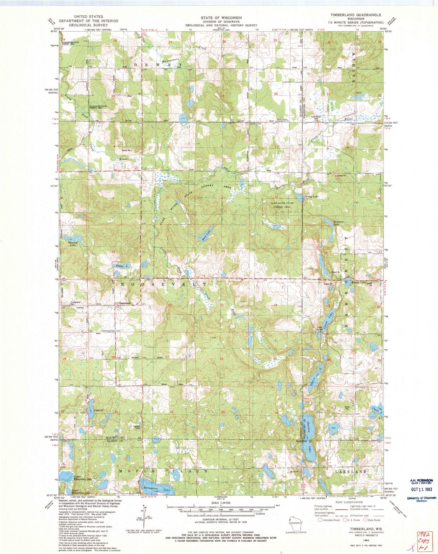 Classic USGS Timberland Wisconsin 7.5'x7.5' Topo Map Image