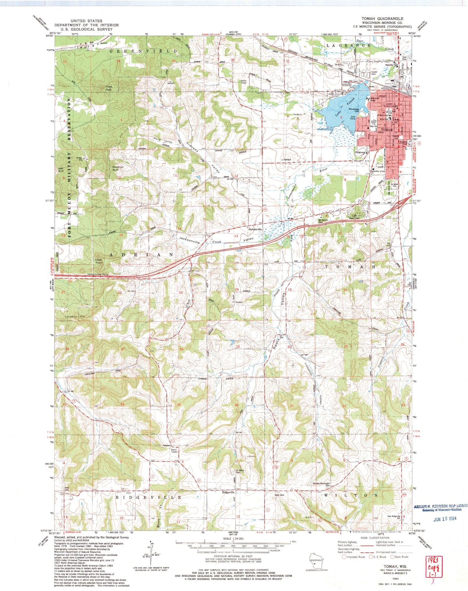 Classic USGS Tomah Wisconsin 7.5'x7.5' Topo Map Image