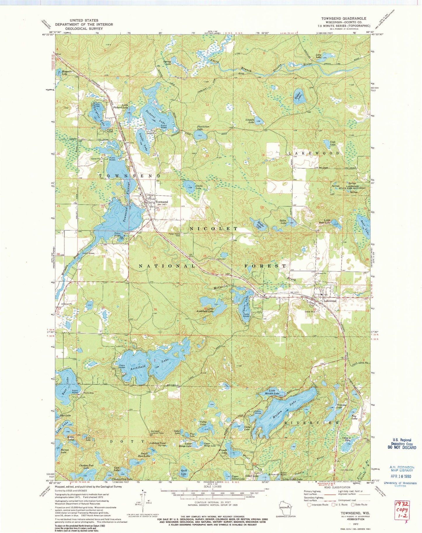 Classic USGS Townsend Wisconsin 7.5'x7.5' Topo Map Image