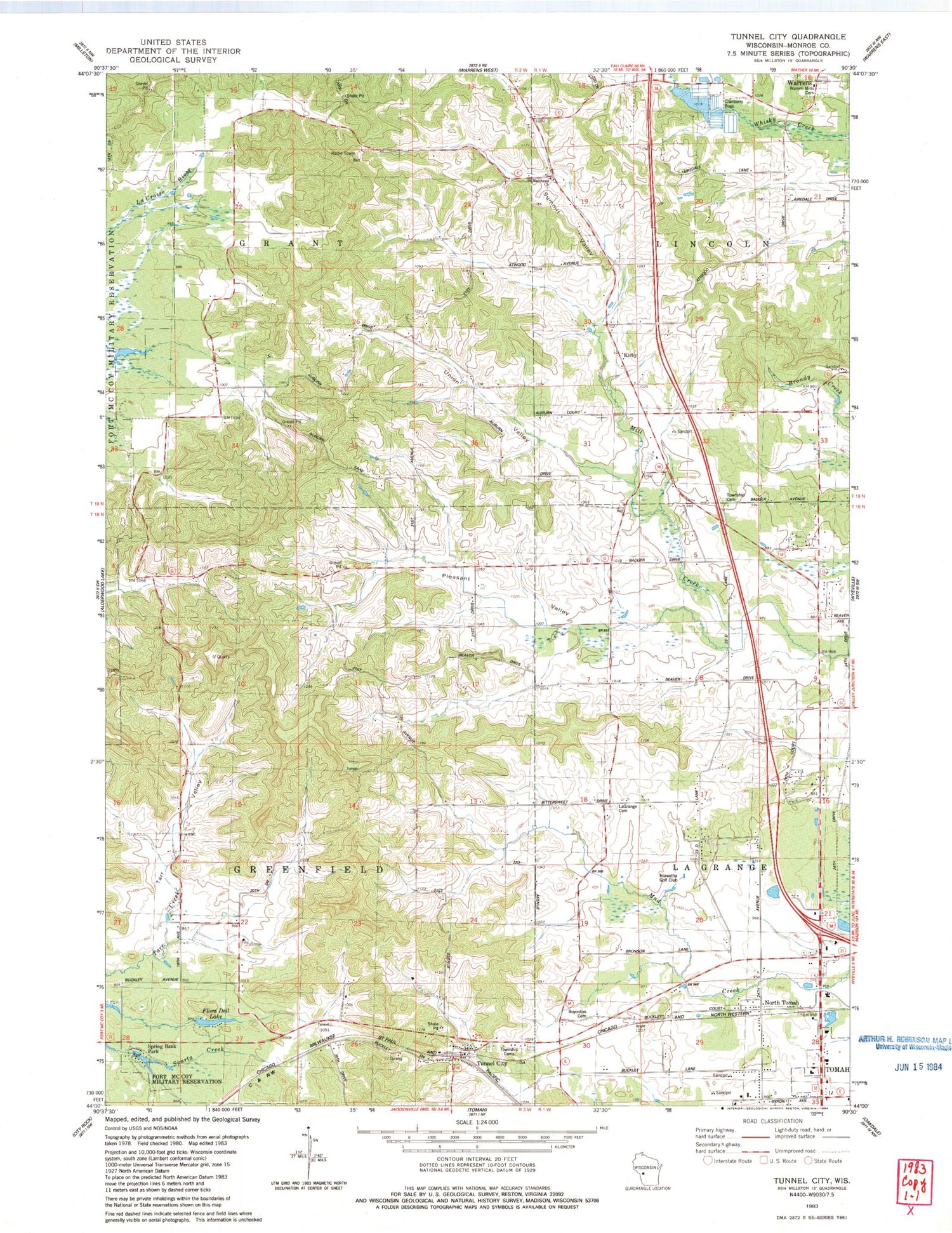 Classic USGS Tunnel City Wisconsin 7.5'x7.5' Topo Map Image