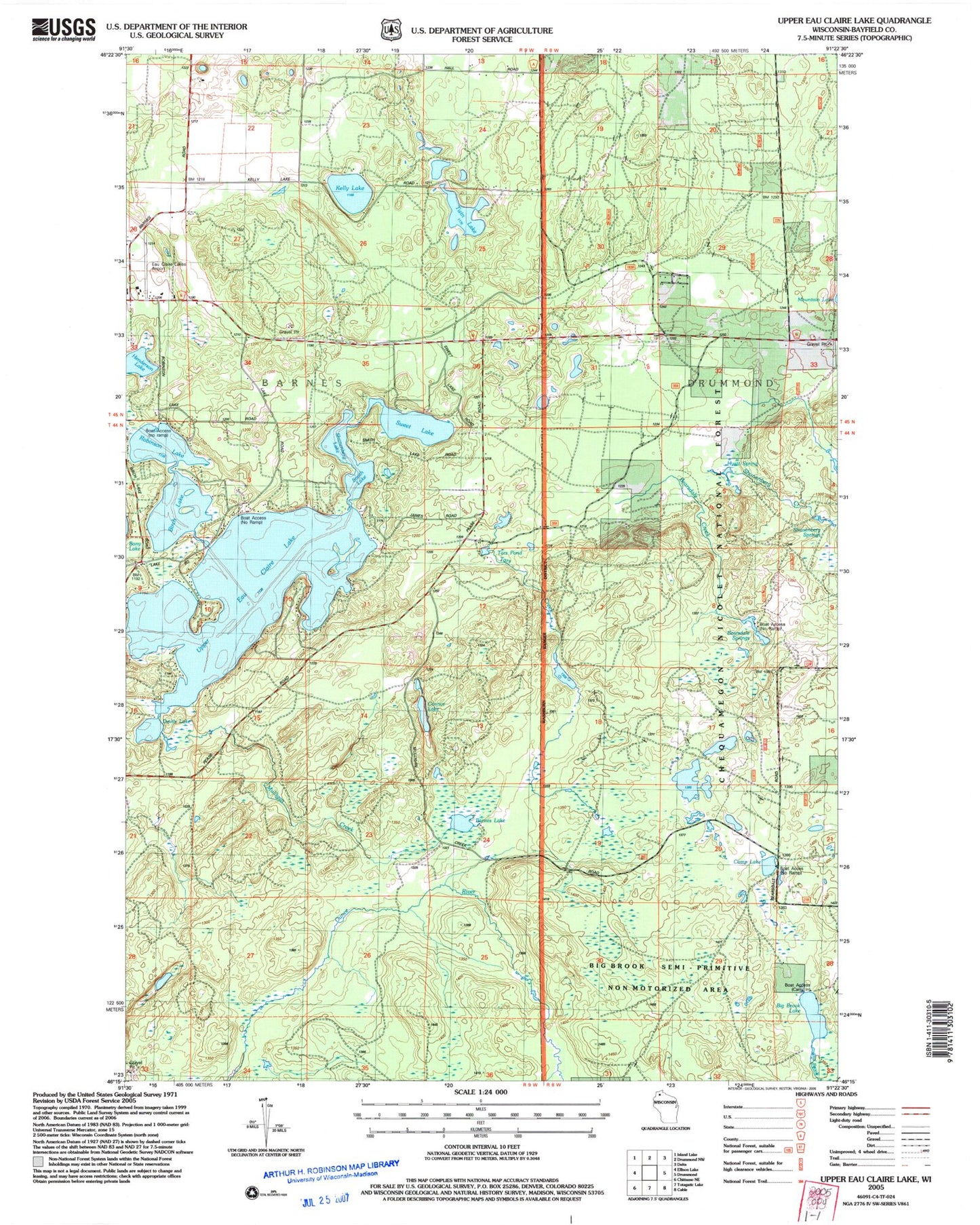 Classic USGS Upper Eau Claire Lake Wisconsin 7.5'x7.5' Topo Map Image