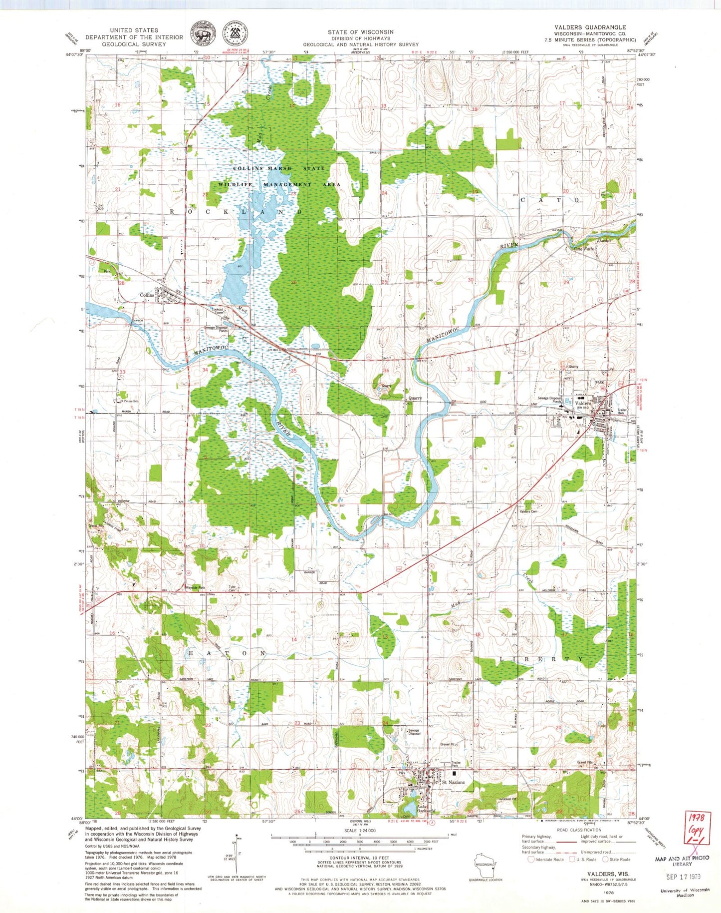 Classic USGS Valders Wisconsin 7.5'x7.5' Topo Map Image