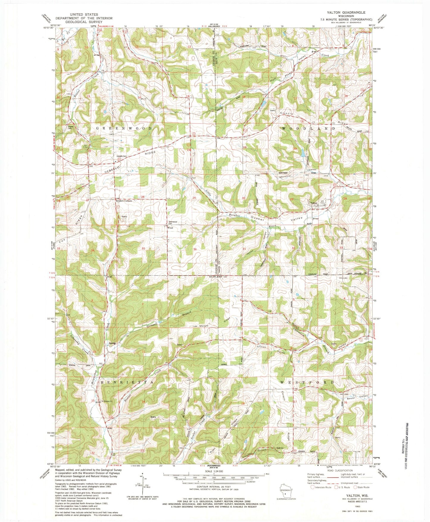 Classic USGS Valton Wisconsin 7.5'x7.5' Topo Map Image