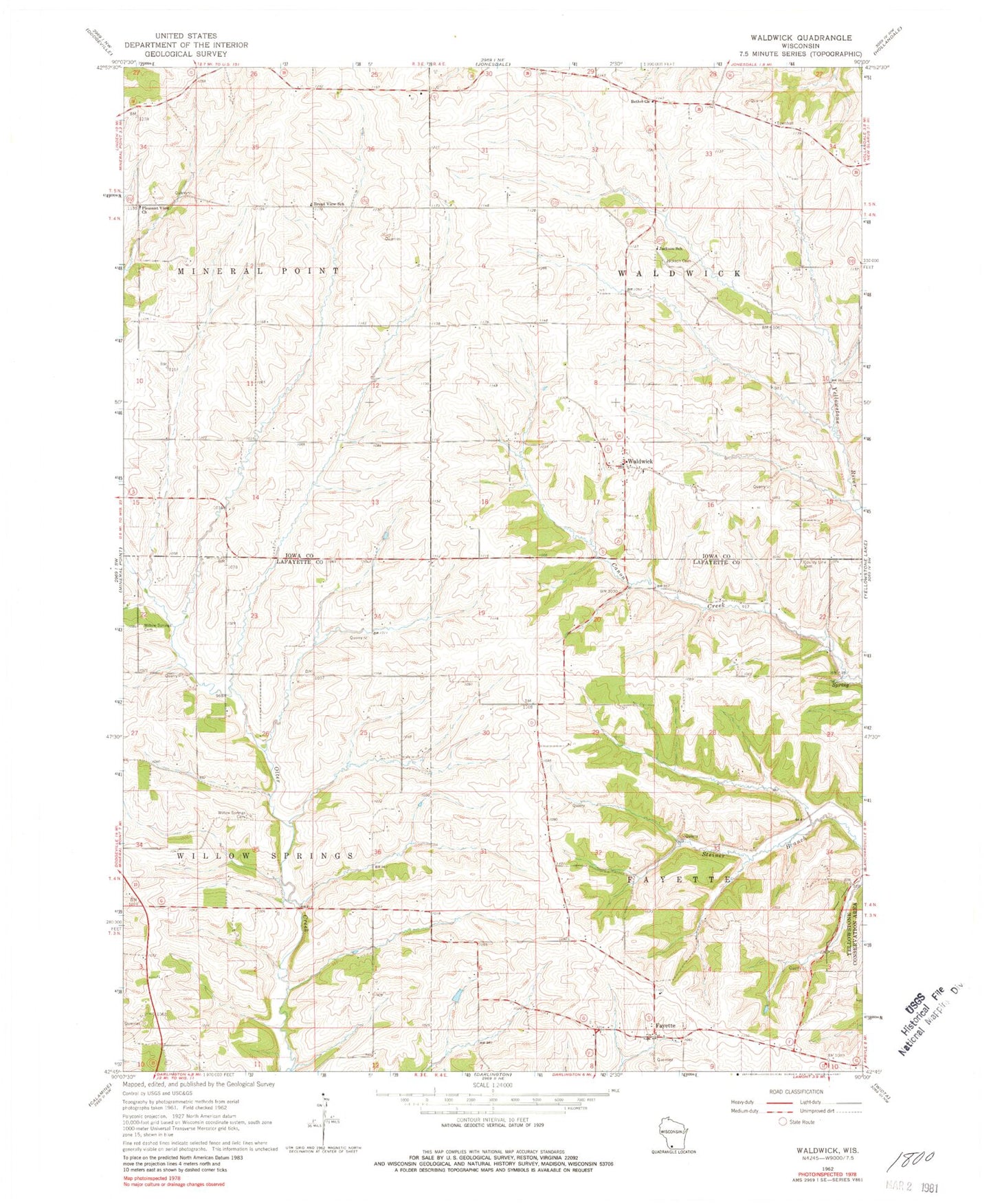 Classic USGS Waldwick Wisconsin 7.5'x7.5' Topo Map Image