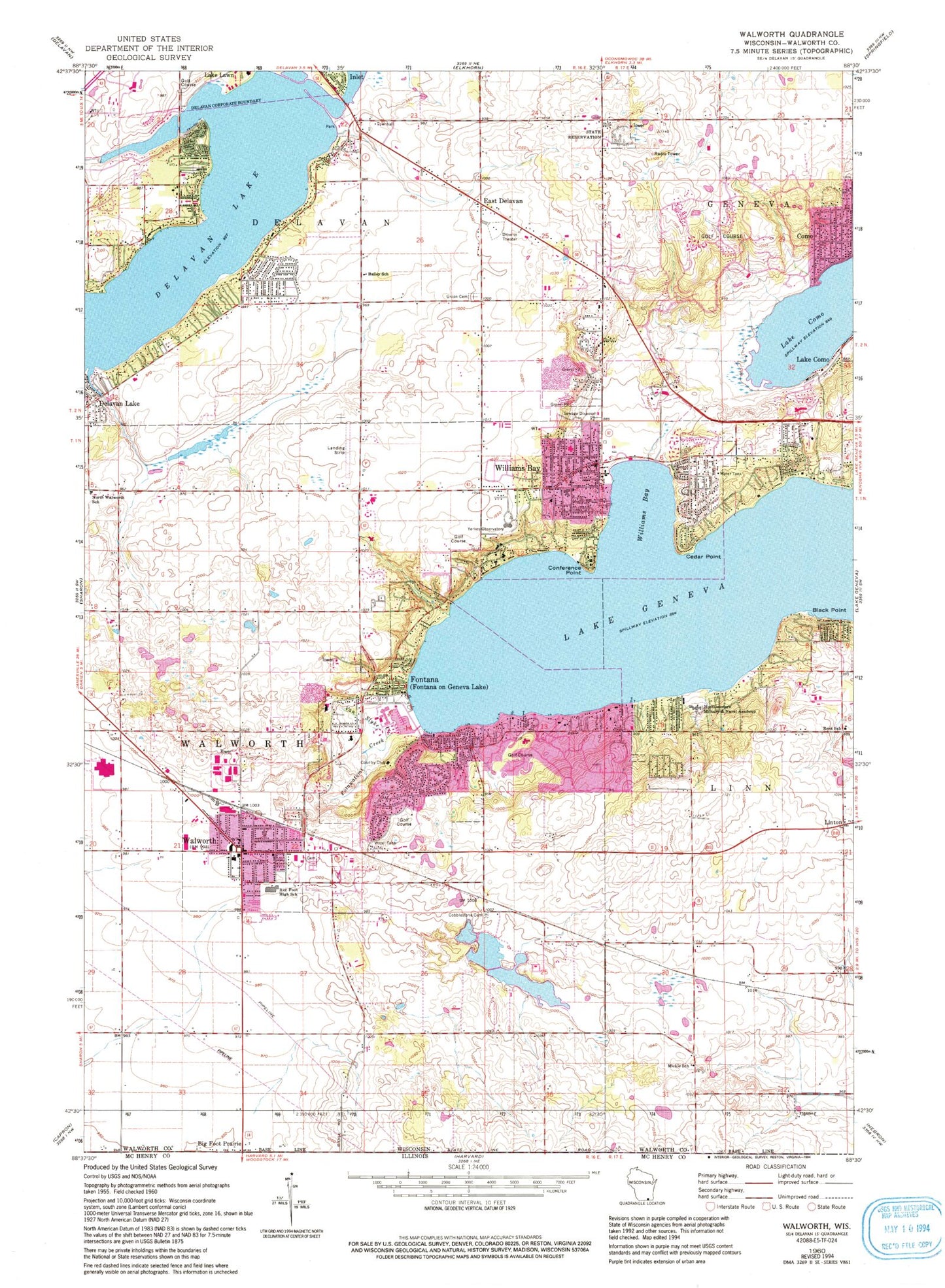 Classic USGS Walworth Wisconsin 7.5'x7.5' Topo Map Image
