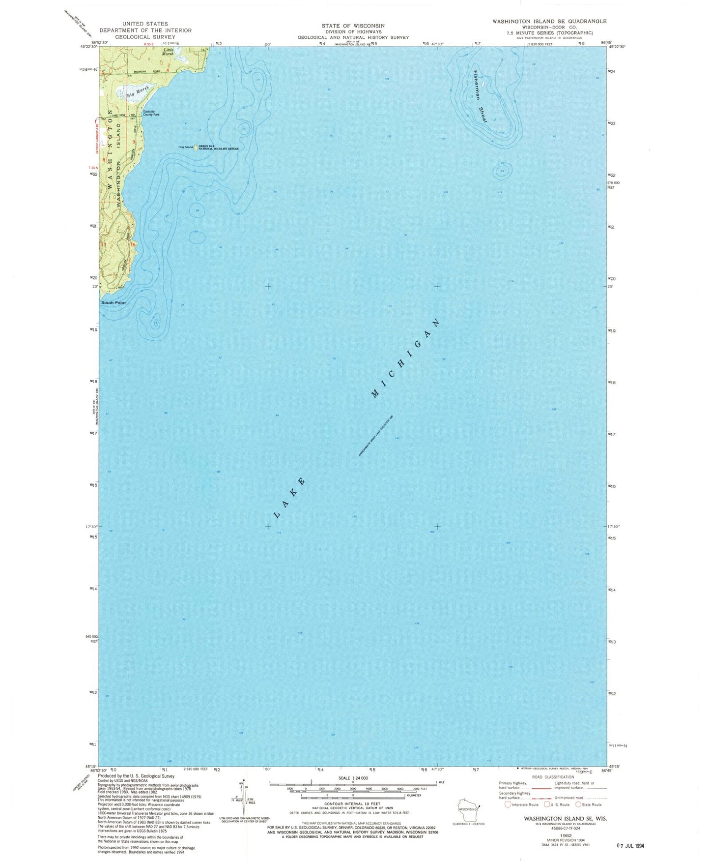 Classic USGS Washington Island SE Wisconsin 7.5'x7.5' Topo Map Image