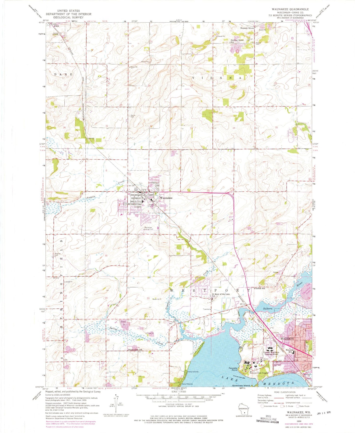 Classic USGS Waunakee Wisconsin 7.5'x7.5' Topo Map Image