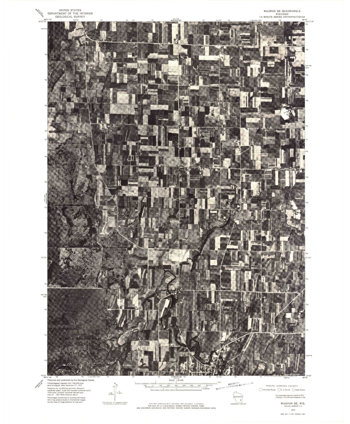 Classic USGS Mayville North Wisconsin 7.5'x7.5' Topo Map Image