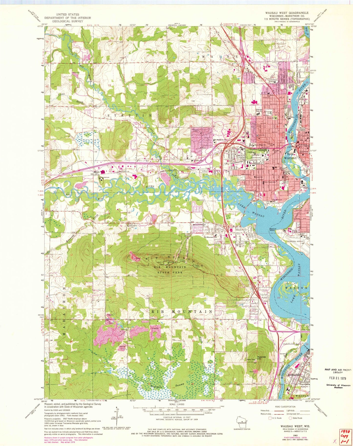 Classic USGS Wausau West Wisconsin 7.5'x7.5' Topo Map Image