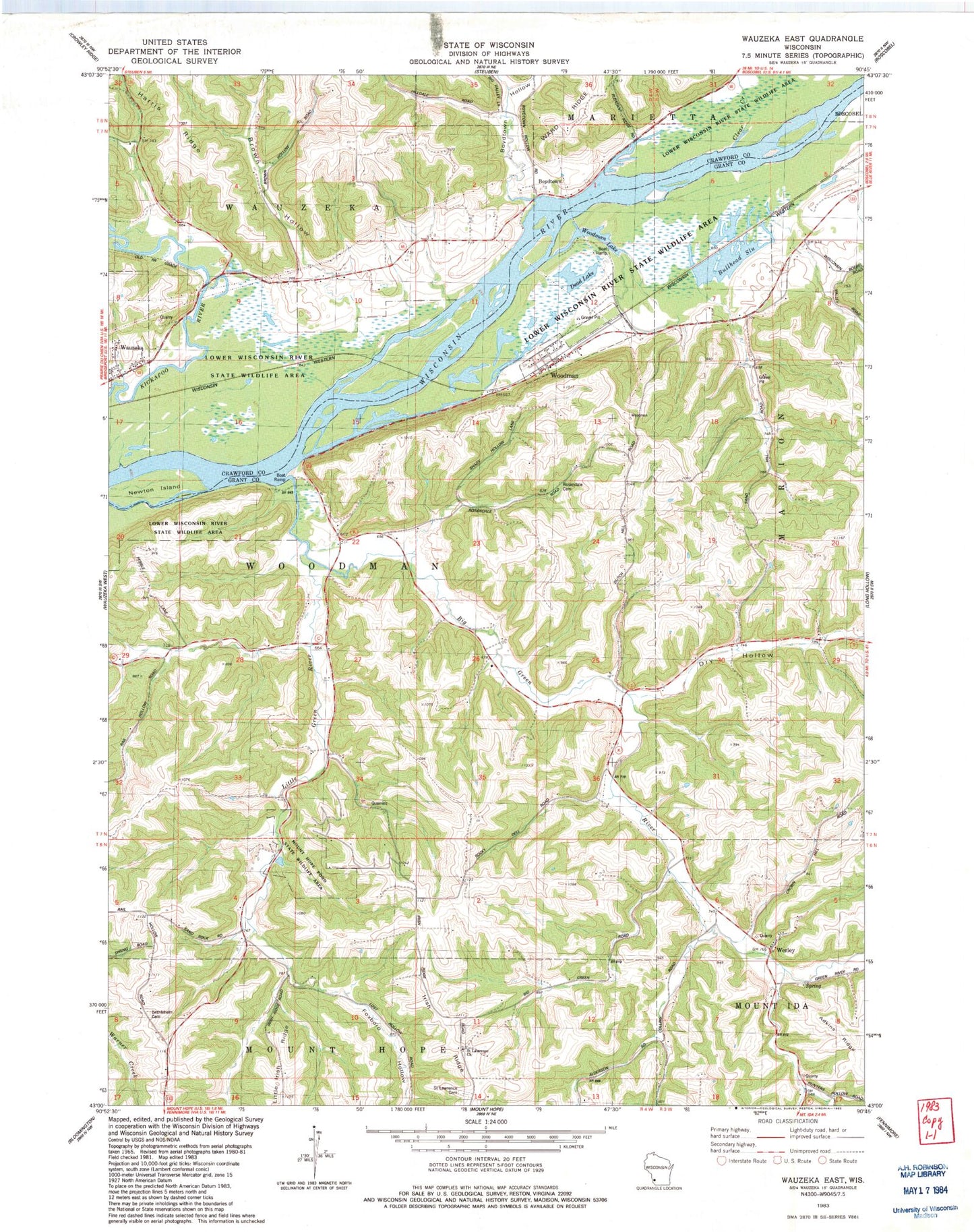 Classic USGS Wauzeka East Wisconsin 7.5'x7.5' Topo Map Image