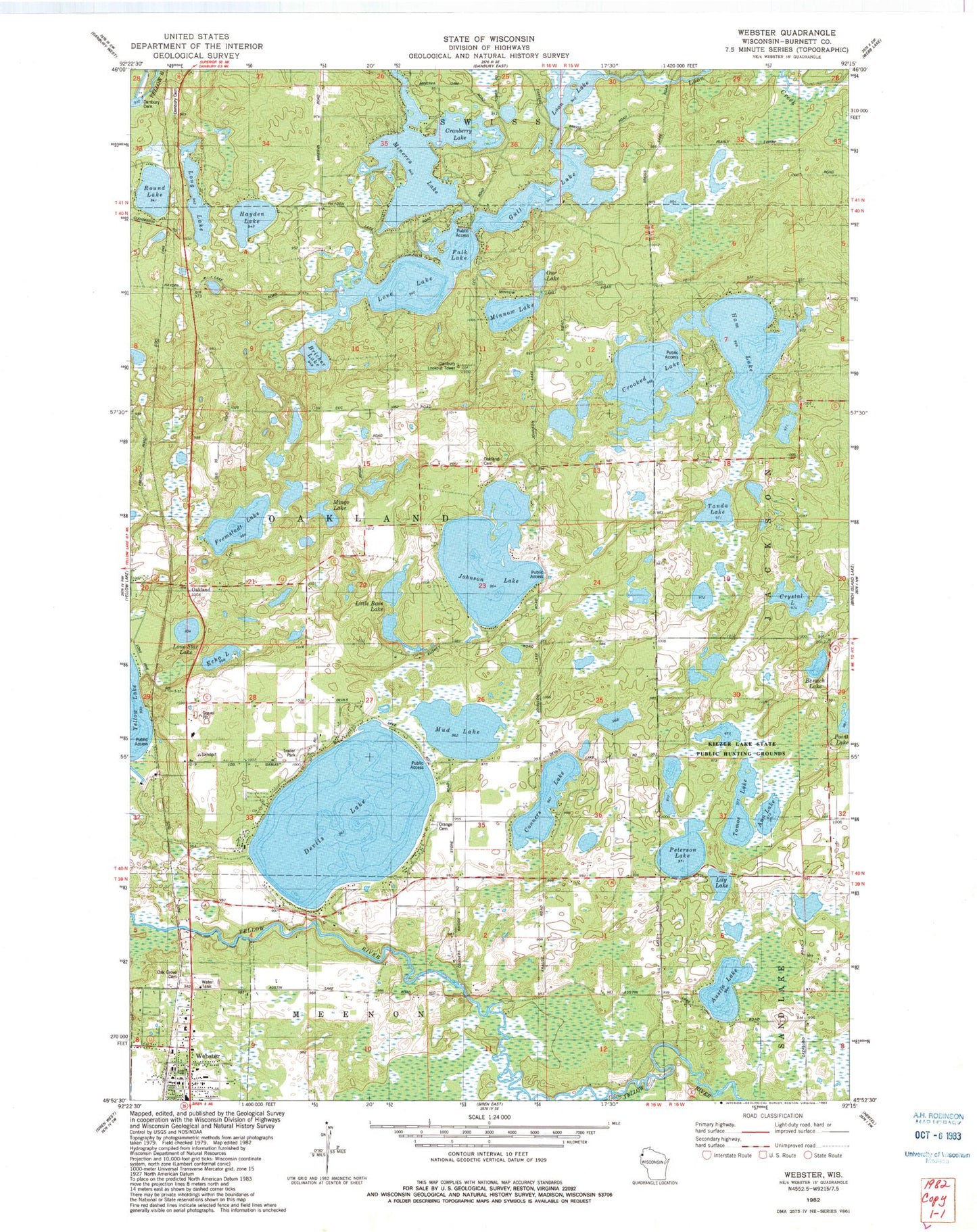 Classic USGS Webster Wisconsin 7.5'x7.5' Topo Map Image