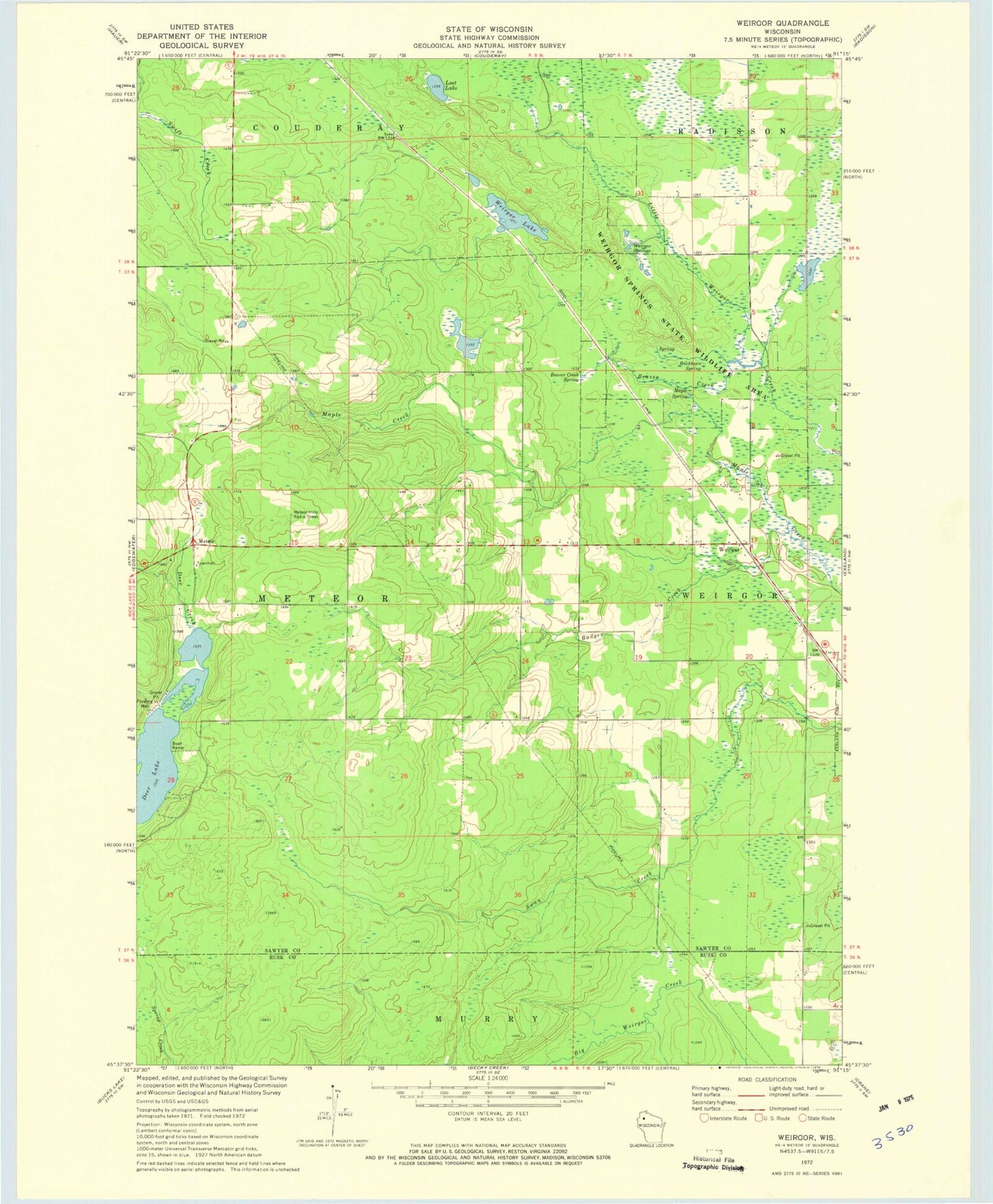 Classic USGS Weirgor Wisconsin 7.5'x7.5' Topo Map Image