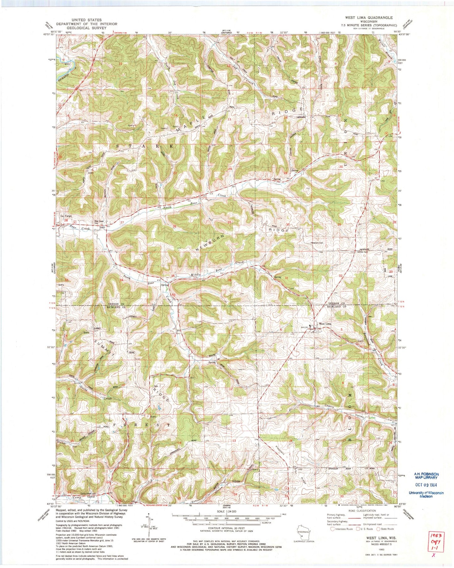 Classic USGS West Lima Wisconsin 7.5'x7.5' Topo Map Image