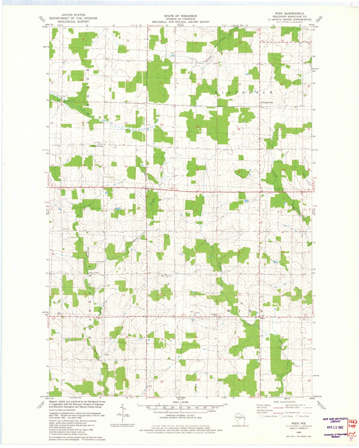 Classic USGS Wien Wisconsin 7.5'x7.5' Topo Map Image