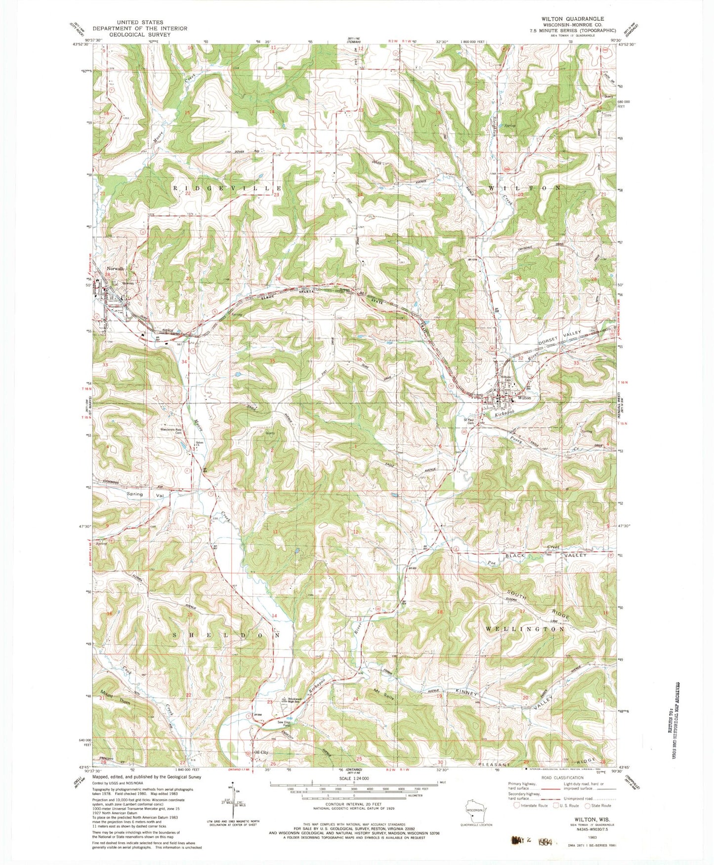 Classic USGS Wilton Wisconsin 7.5'x7.5' Topo Map Image