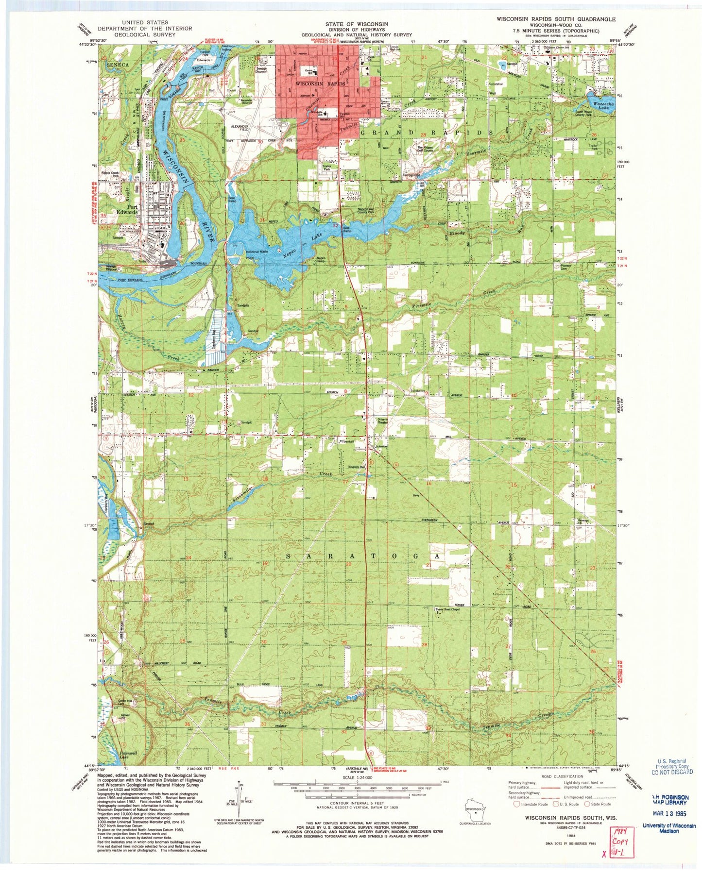 Classic USGS Wisconsin Rapids South Wisconsin 7.5'x7.5' Topo Map Image