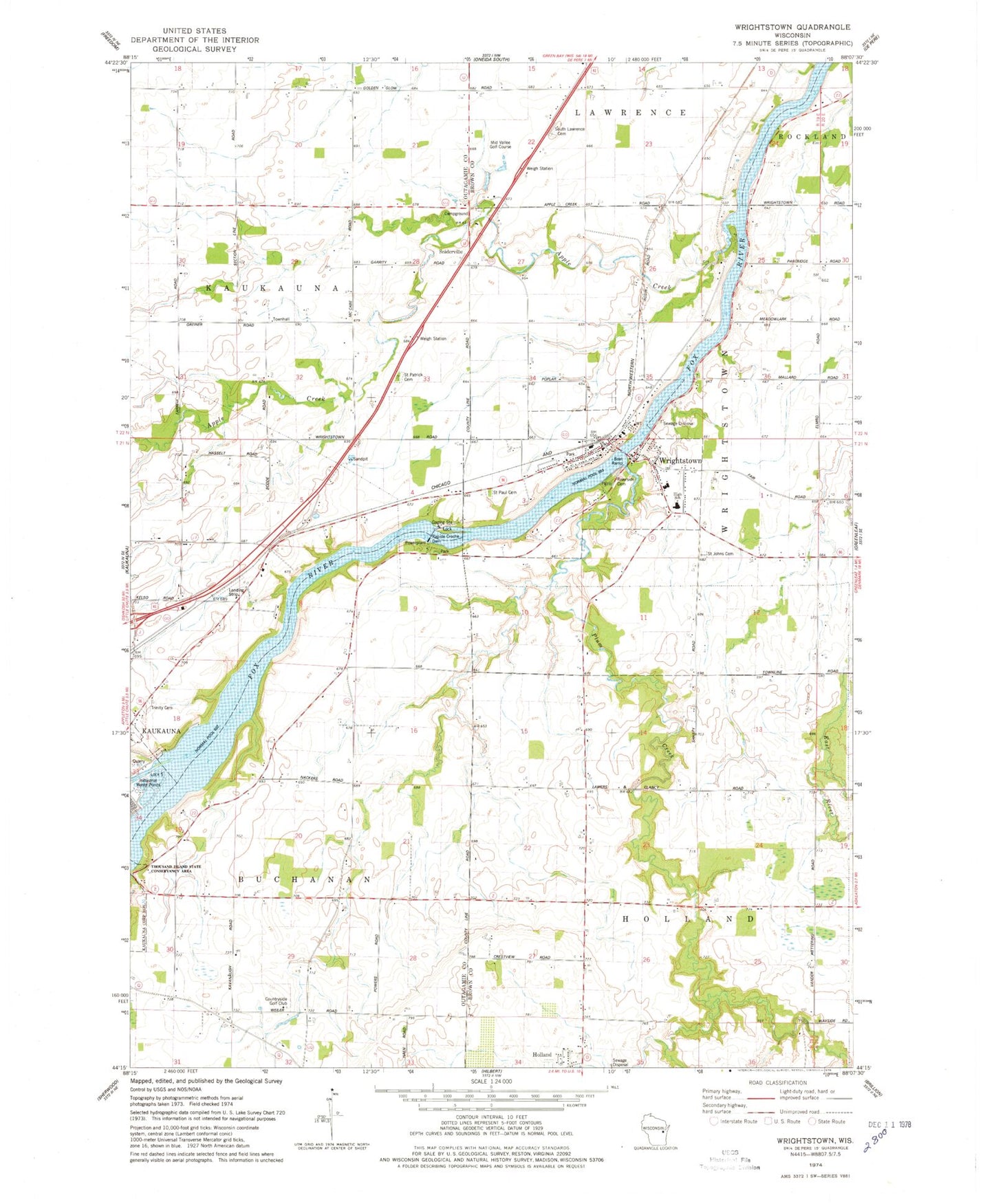 Classic USGS Wrightstown Wisconsin 7.5'x7.5' Topo Map Image