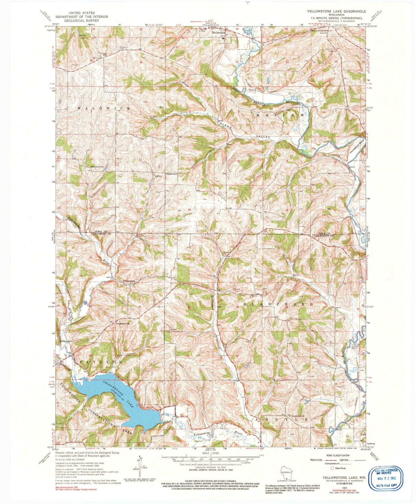 Classic USGS Yellowstone Lake Wisconsin 7.5'x7.5' Topo Map Image