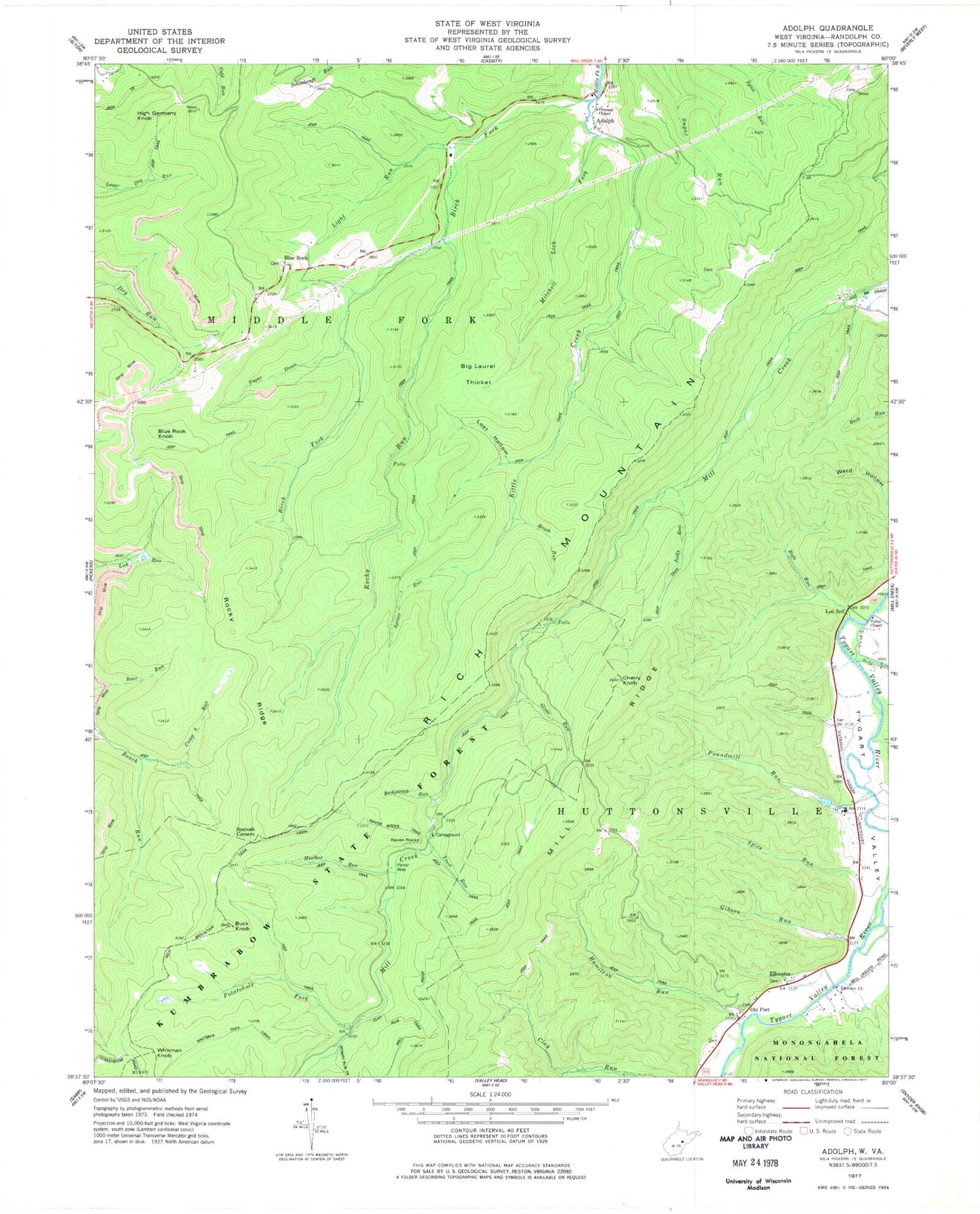 Classic USGS Adolph West Virginia 7.5'x7.5' Topo Map Image