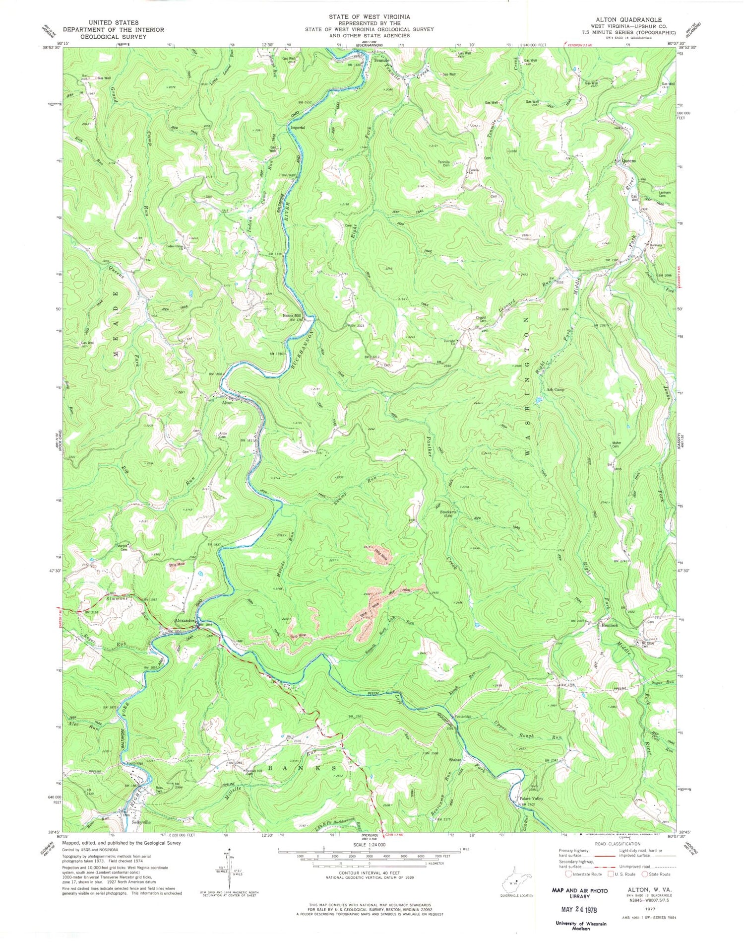 Classic USGS Alton West Virginia 7.5'x7.5' Topo Map Image