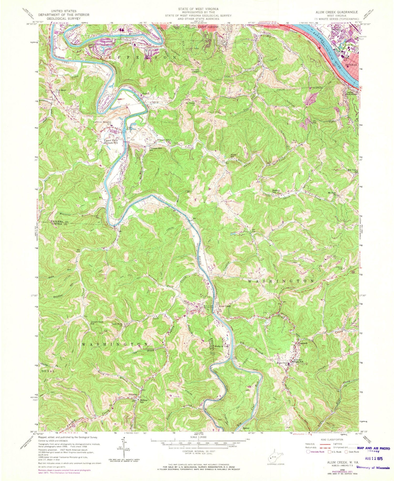Classic USGS Alum Creek West Virginia 7.5'x7.5' Topo Map Image