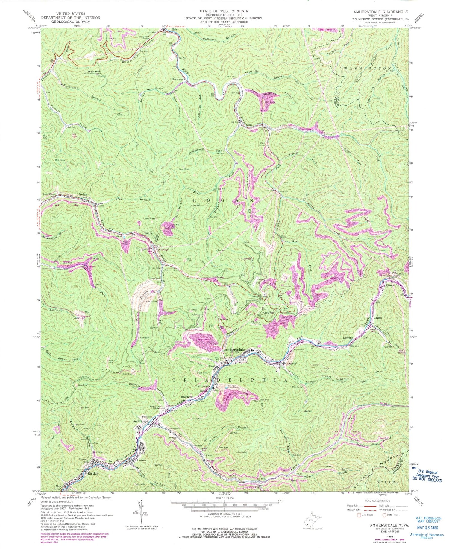 Classic USGS Amherstdale West Virginia 7.5'x7.5' Topo Map Image