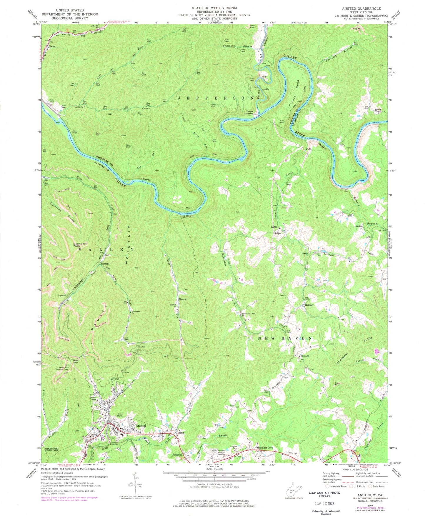 Classic USGS Ansted West Virginia 7.5'x7.5' Topo Map Image