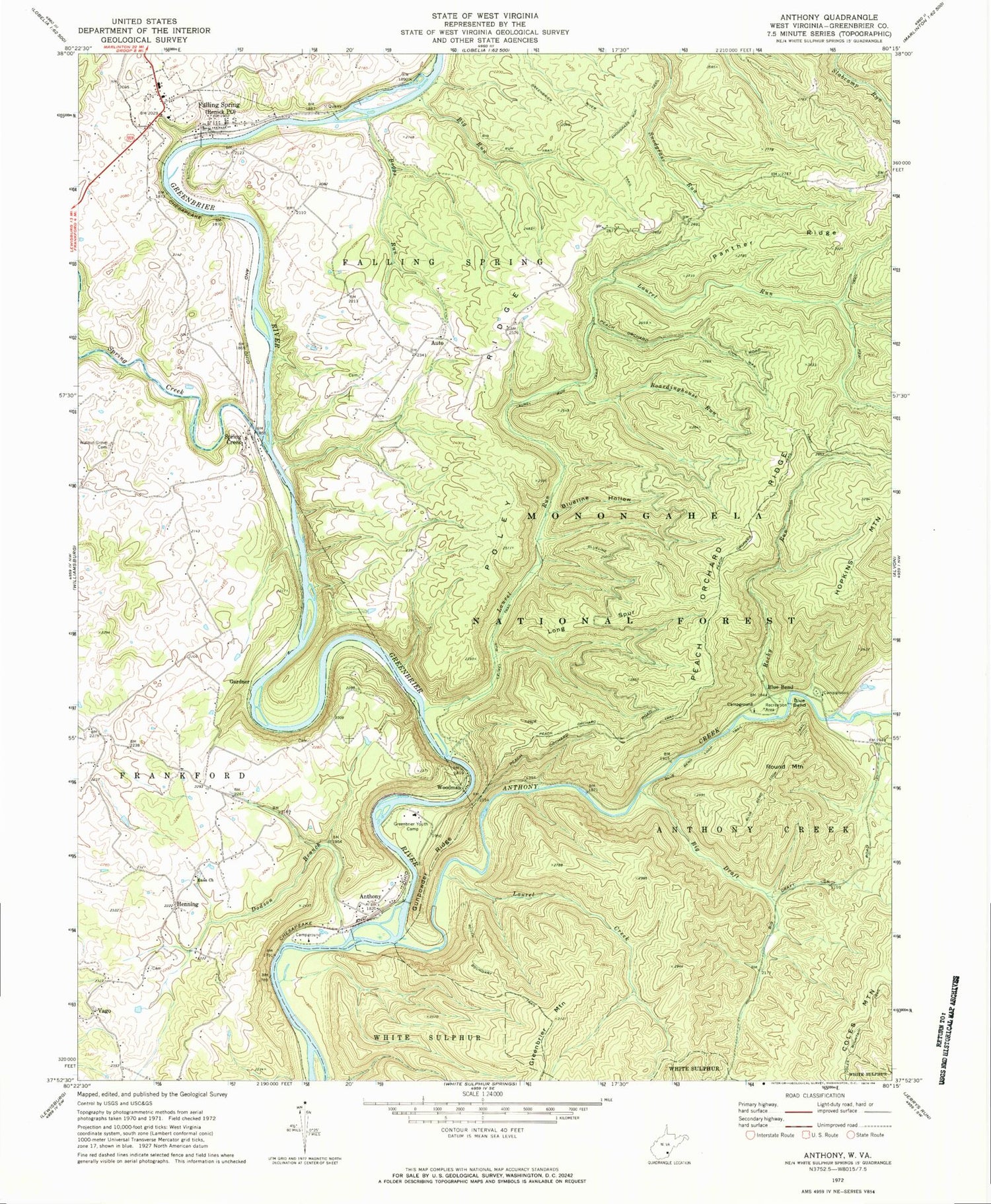 Classic USGS Anthony West Virginia 7.5'x7.5' Topo Map Image