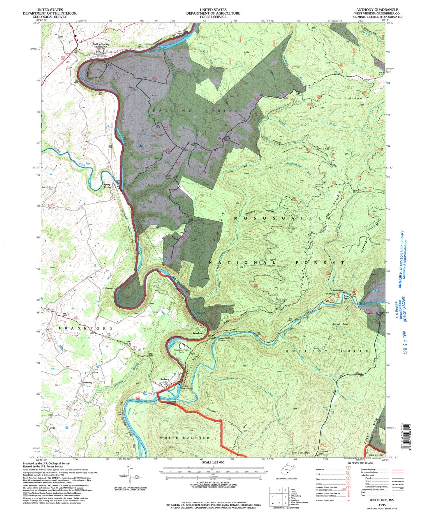 Classic USGS Anthony West Virginia 7.5'x7.5' Topo Map Image