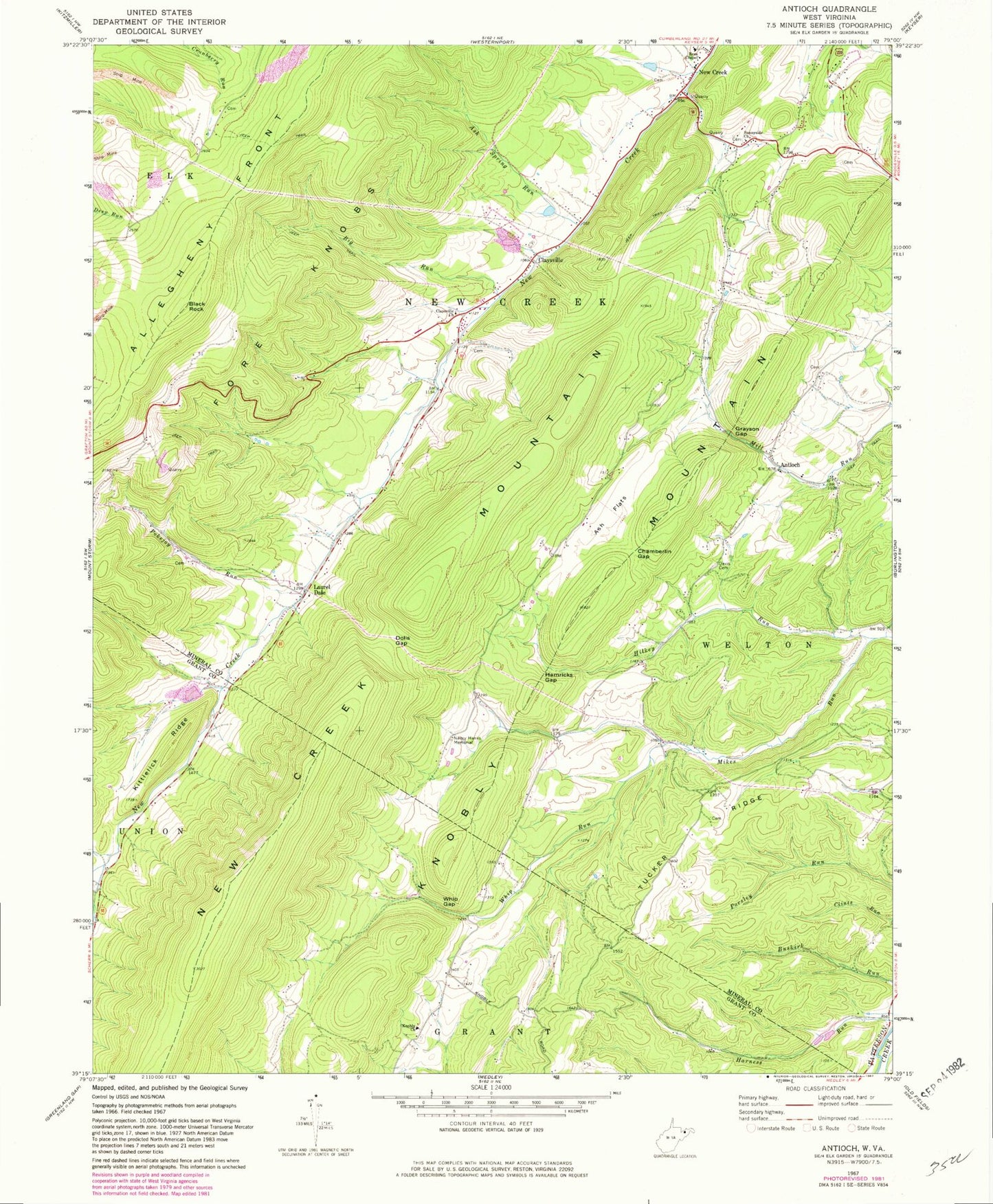 Classic USGS Antioch West Virginia 7.5'x7.5' Topo Map Image