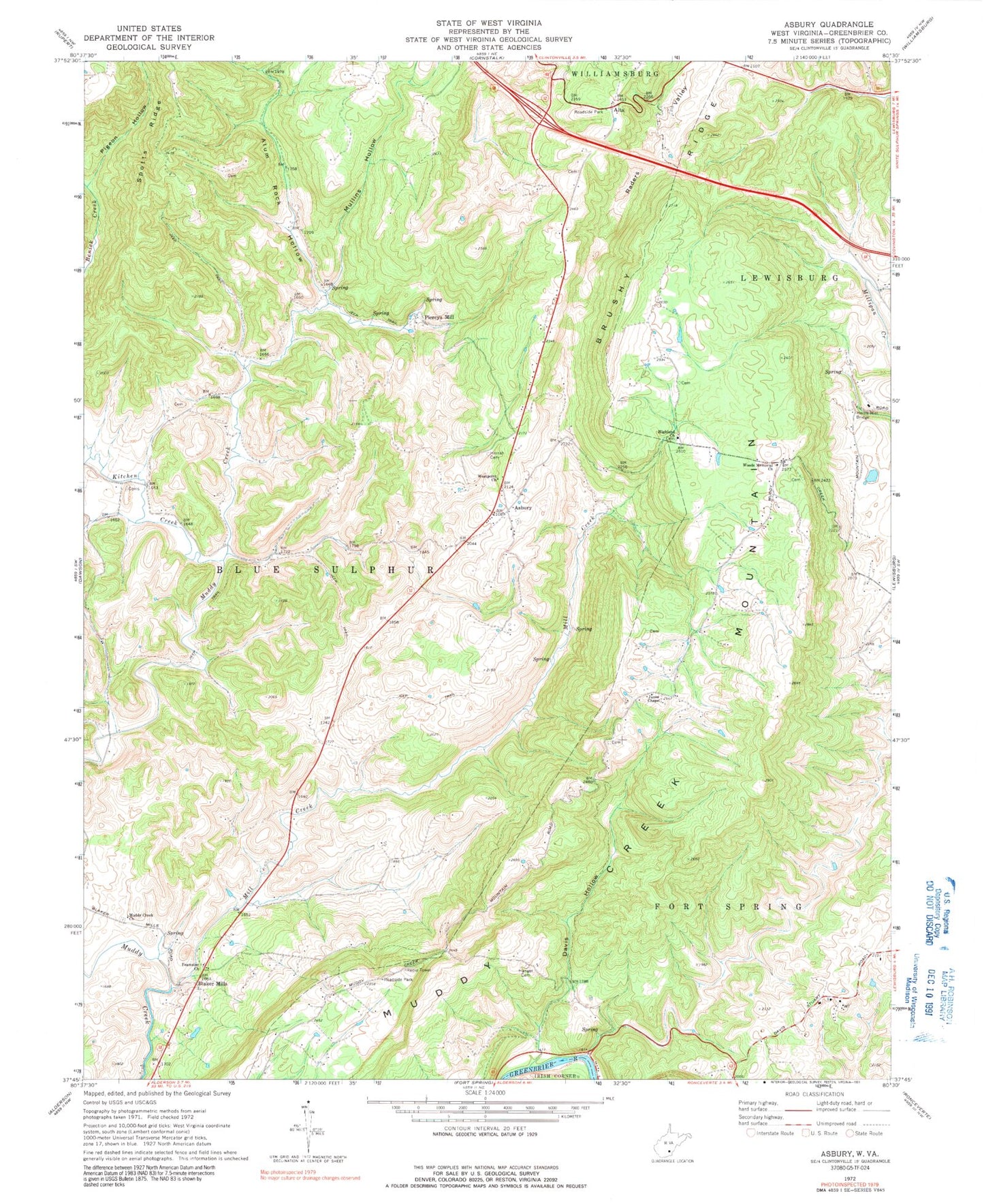 Classic USGS Asbury West Virginia 7.5'x7.5' Topo Map Image