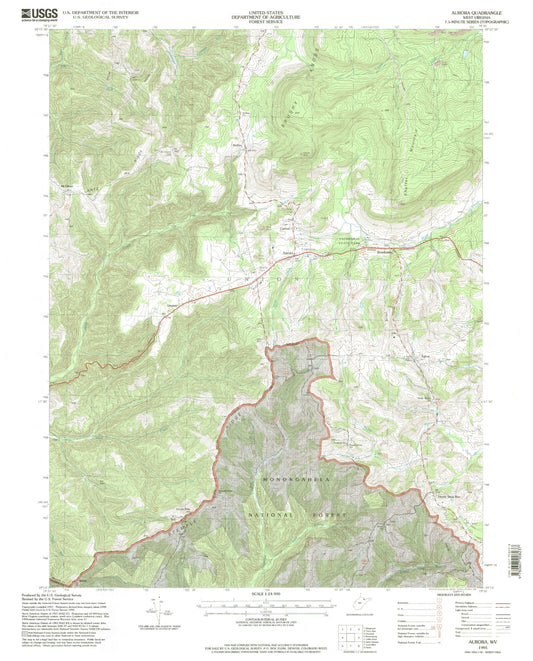 Classic USGS Aurora West Virginia 7.5'x7.5' Topo Map Image