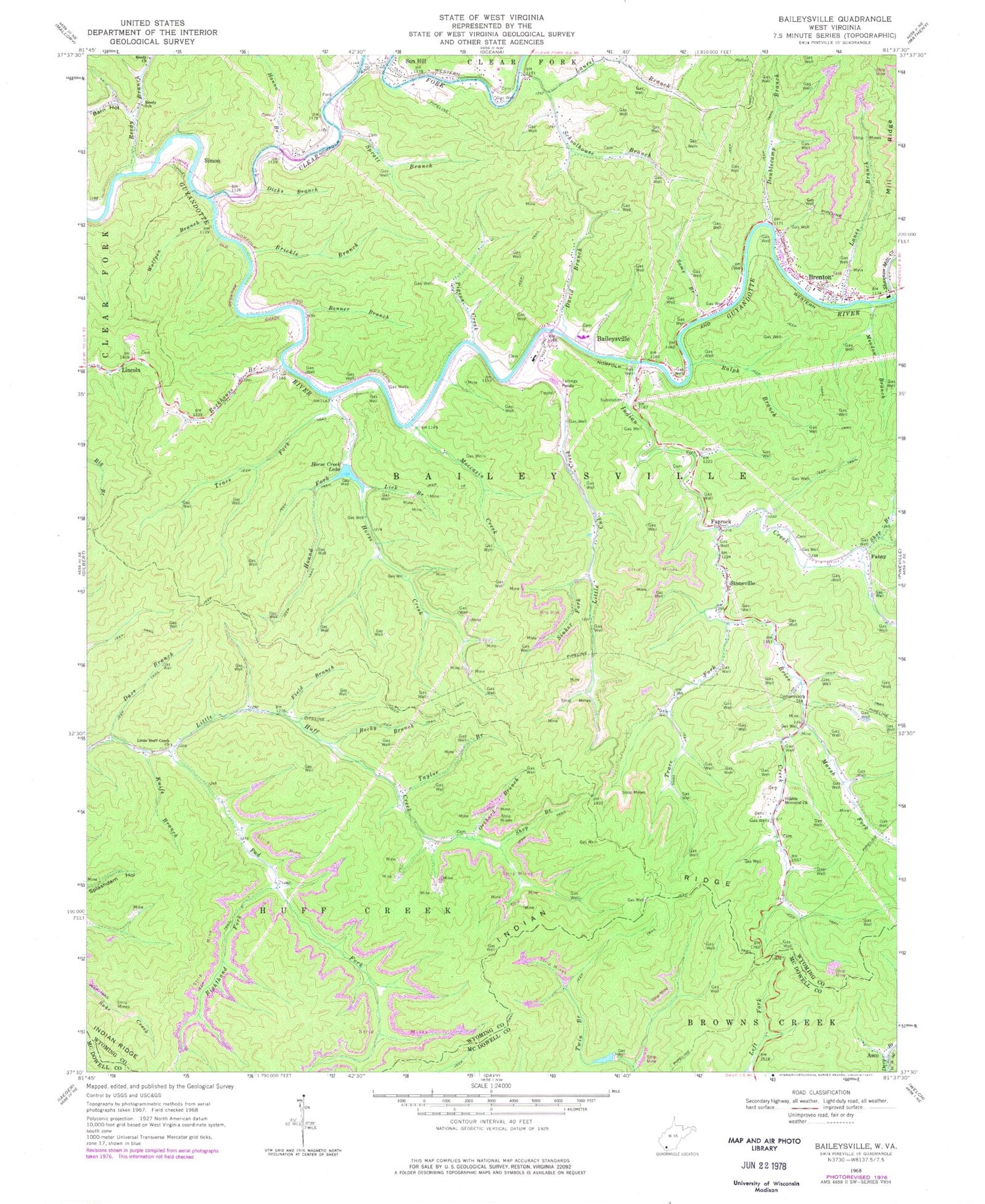 Classic USGS Baileysville West Virginia 7.5'x7.5' Topo Map Image