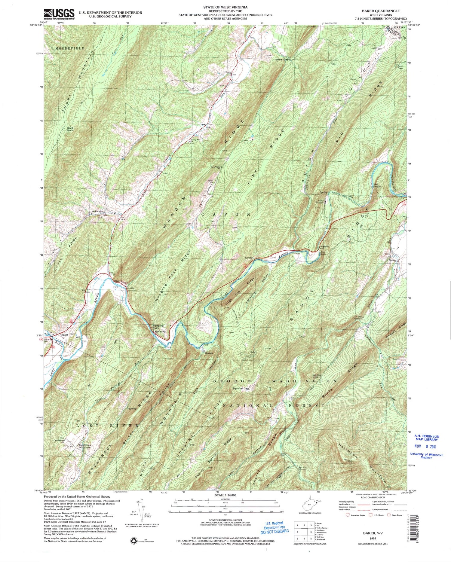 Classic USGS Baker West Virginia 7.5'x7.5' Topo Map Image