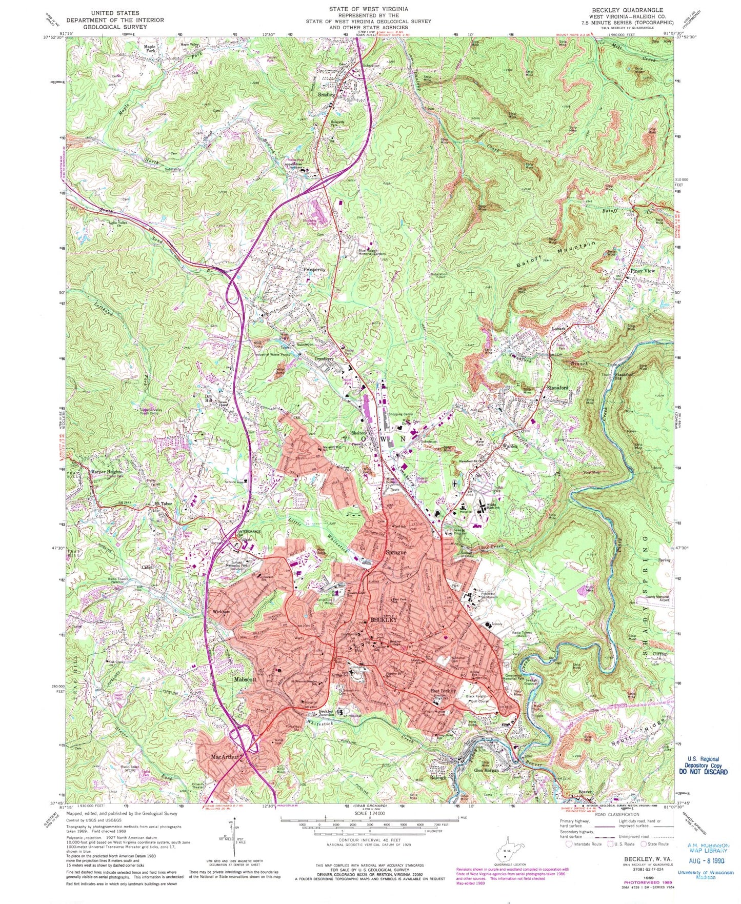 Classic USGS Beckley West Virginia 7.5'x7.5' Topo Map Image