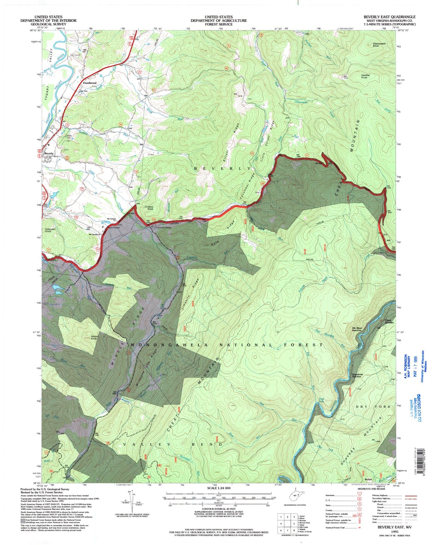 Classic USGS Beverly East West Virginia 7.5'x7.5' Topo Map Image