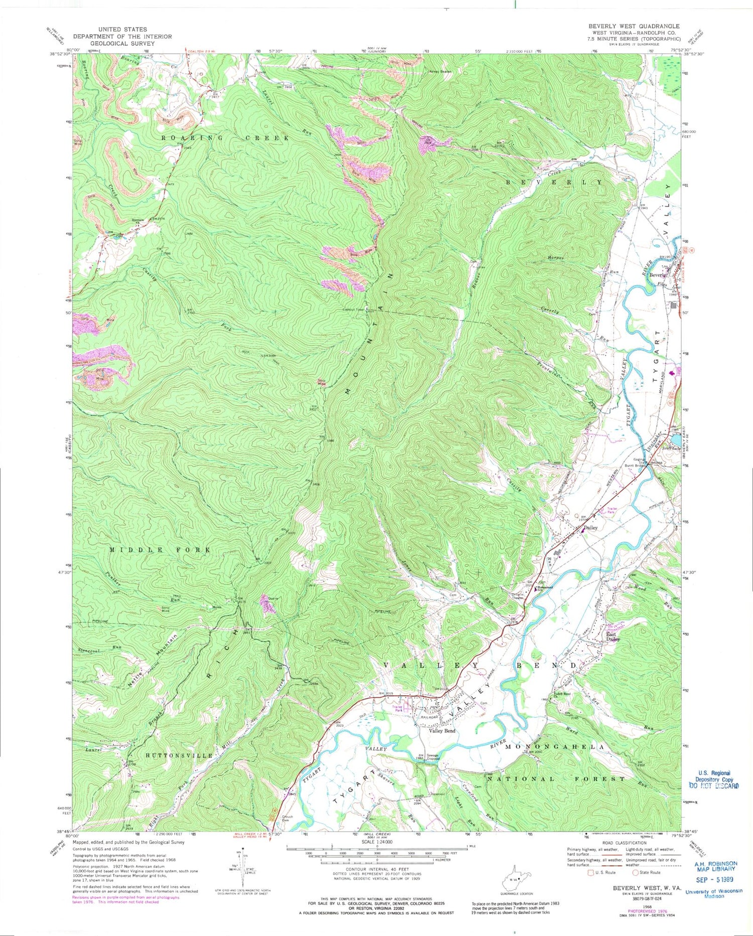 Classic USGS Beverly West West Virginia 7.5'x7.5' Topo Map Image