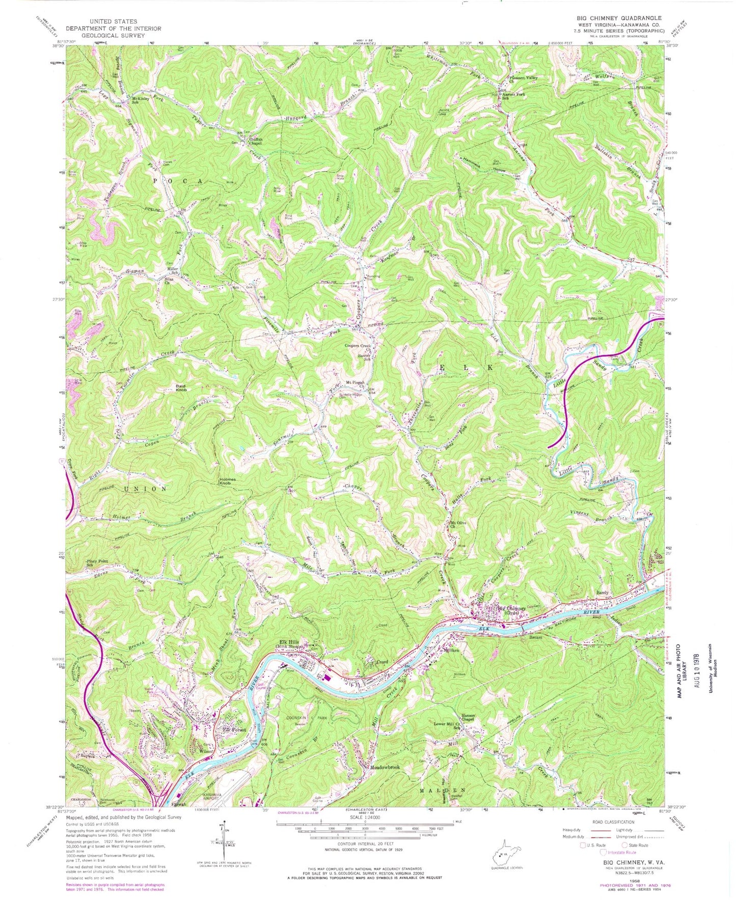 Classic USGS Big Chimney West Virginia 7.5'x7.5' Topo Map Image