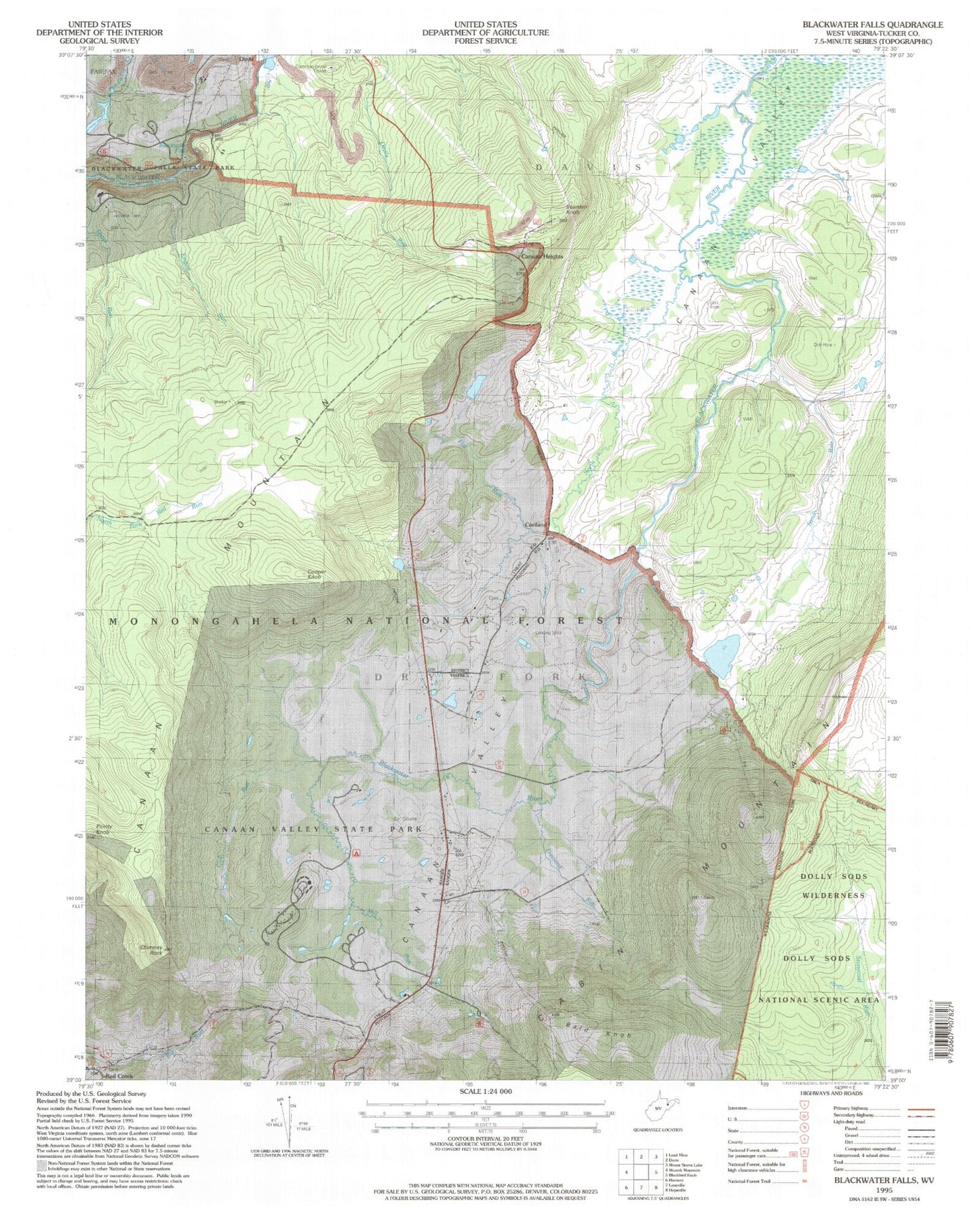 Classic USGS Blackwater Falls West Virginia 7.5'x7.5' Topo Map Image
