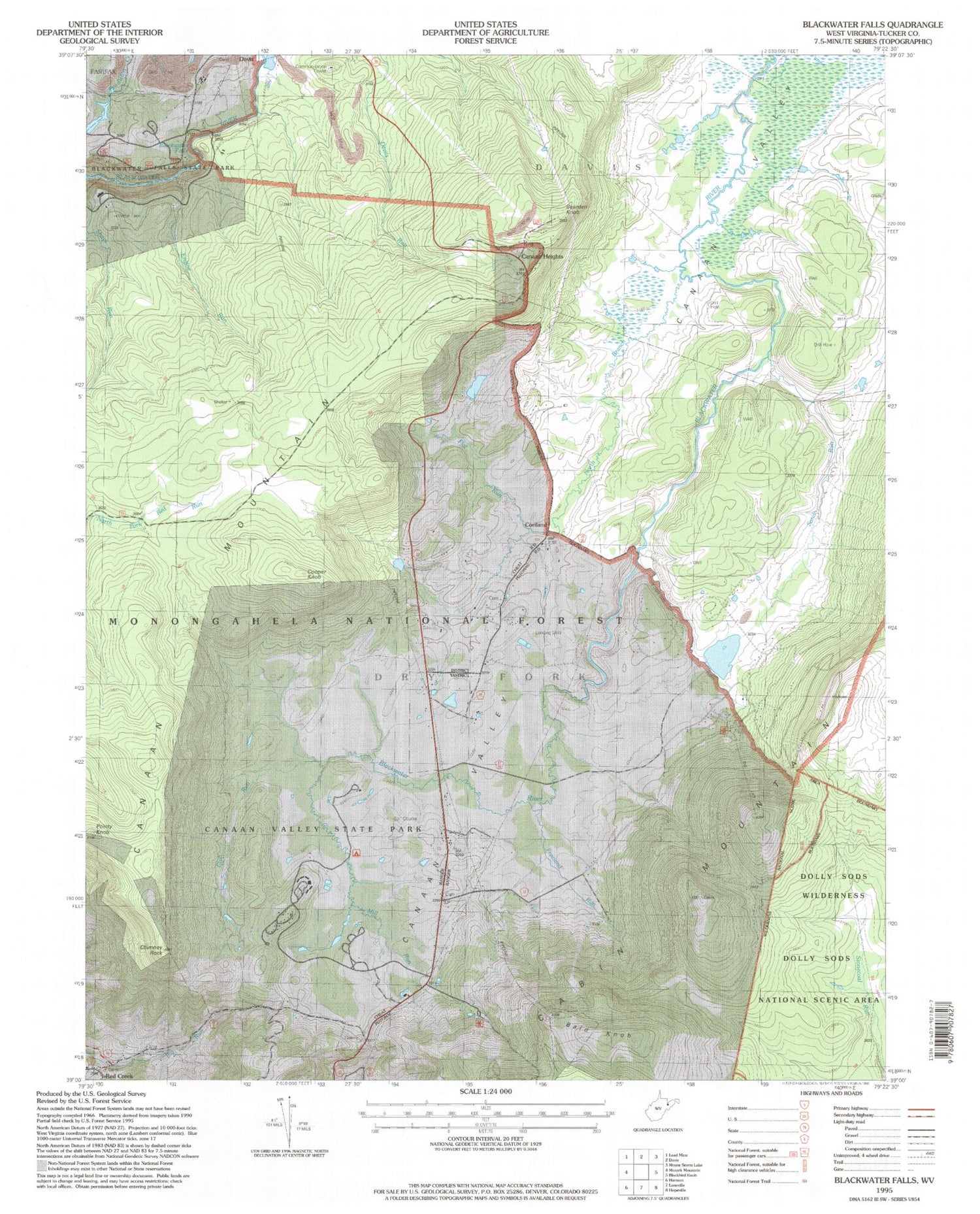 Classic USGS Blackwater Falls West Virginia 7.5'x7.5' Topo Map Image