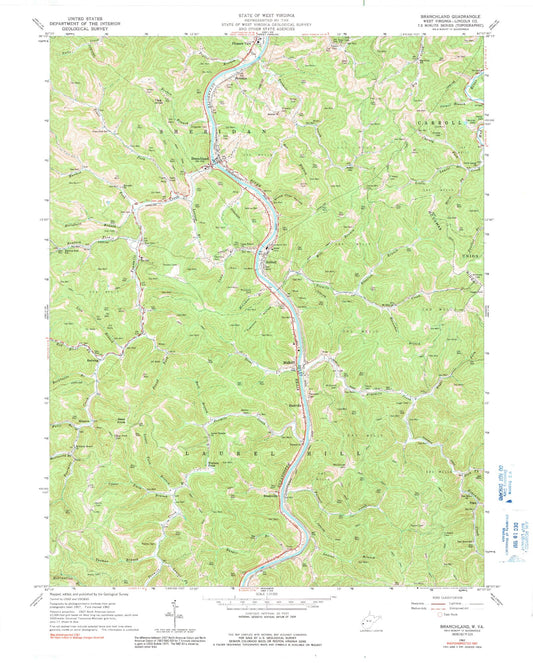 Classic USGS Branchland West Virginia 7.5'x7.5' Topo Map Image