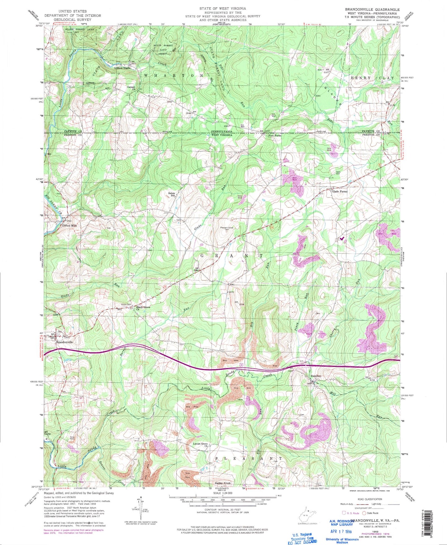 Classic USGS Brandonville West Virginia 7.5'x7.5' Topo Map Image
