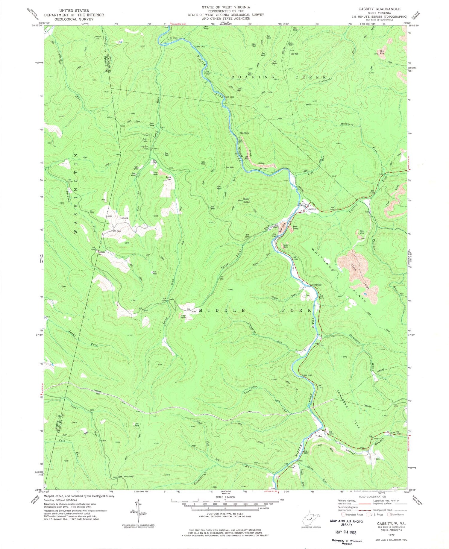 Classic USGS Cassity West Virginia 7.5'x7.5' Topo Map Image