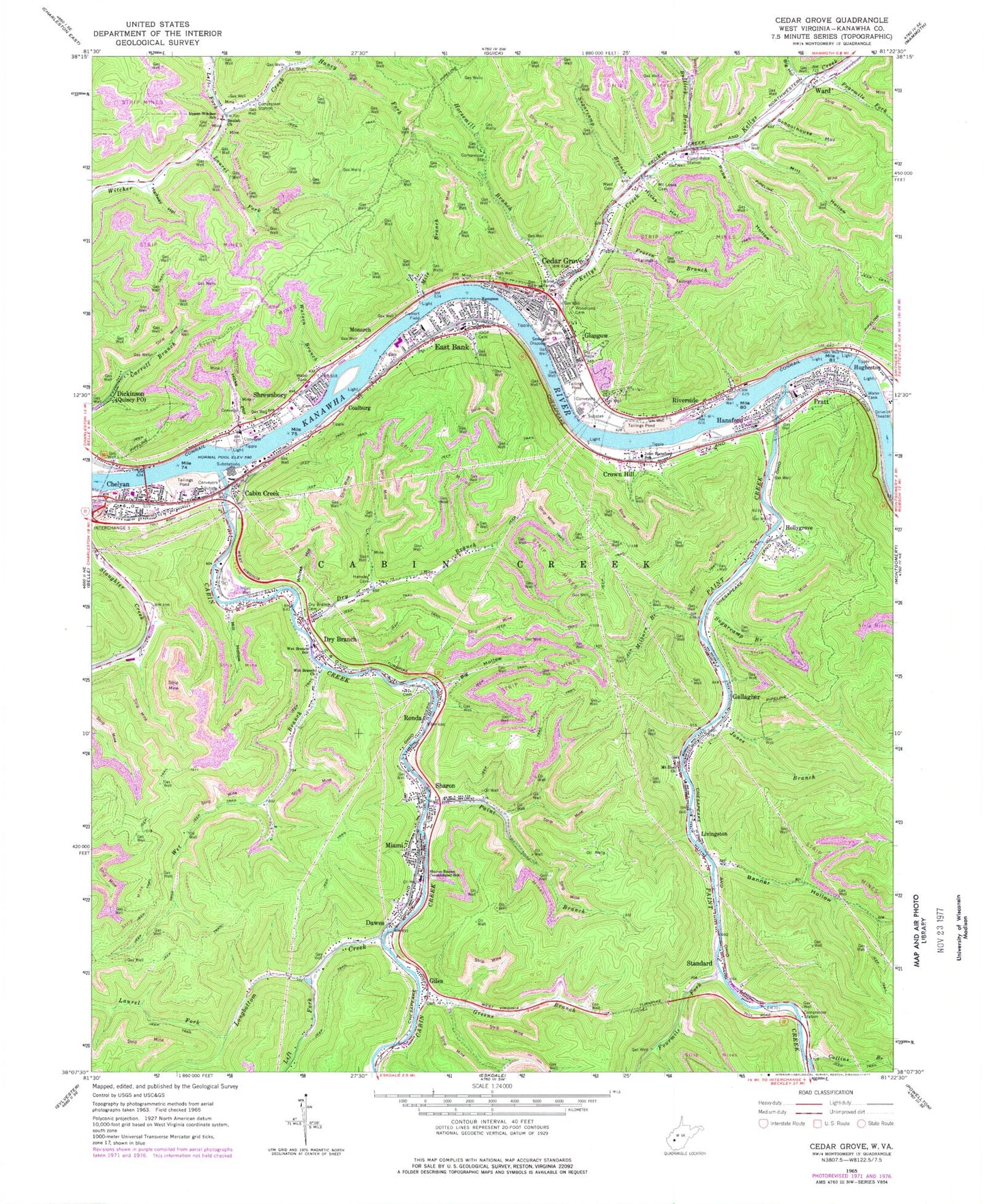 Classic USGS Cedar Grove West Virginia 7.5'x7.5' Topo Map Image