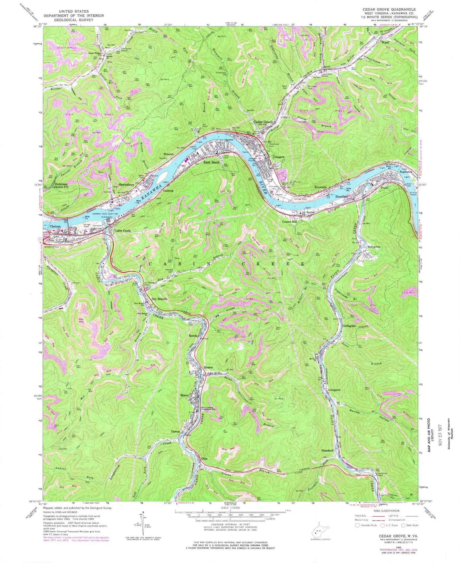 Classic USGS Cedar Grove West Virginia 7.5'x7.5' Topo Map Image