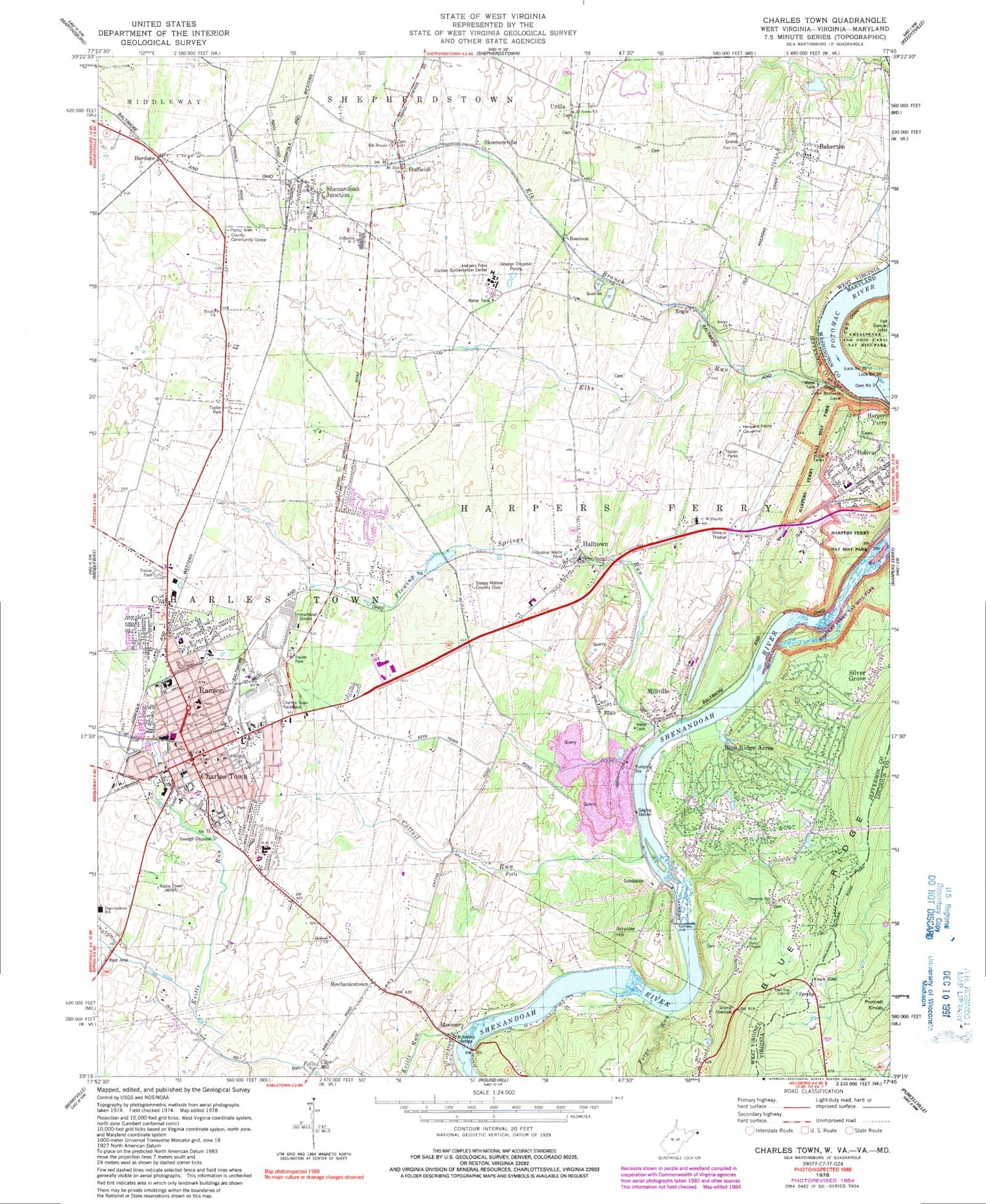 Classic USGS Charles Town West Virginia 7.5'x7.5' Topo Map Image